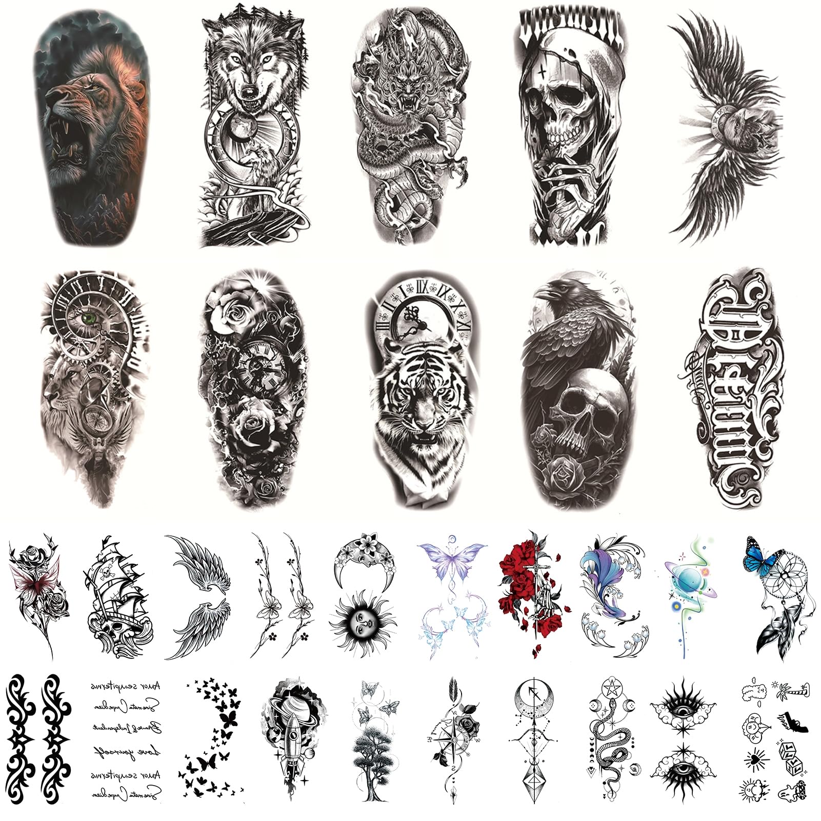 DAYONG 30 Sheets Temporary Tattoos, 3D Waterproof Tattoo Realistic Black Fake Tattoos Body Half-Arm for Parties Festivals, Include Lion Tiger Wolf Pattern. (2 set)