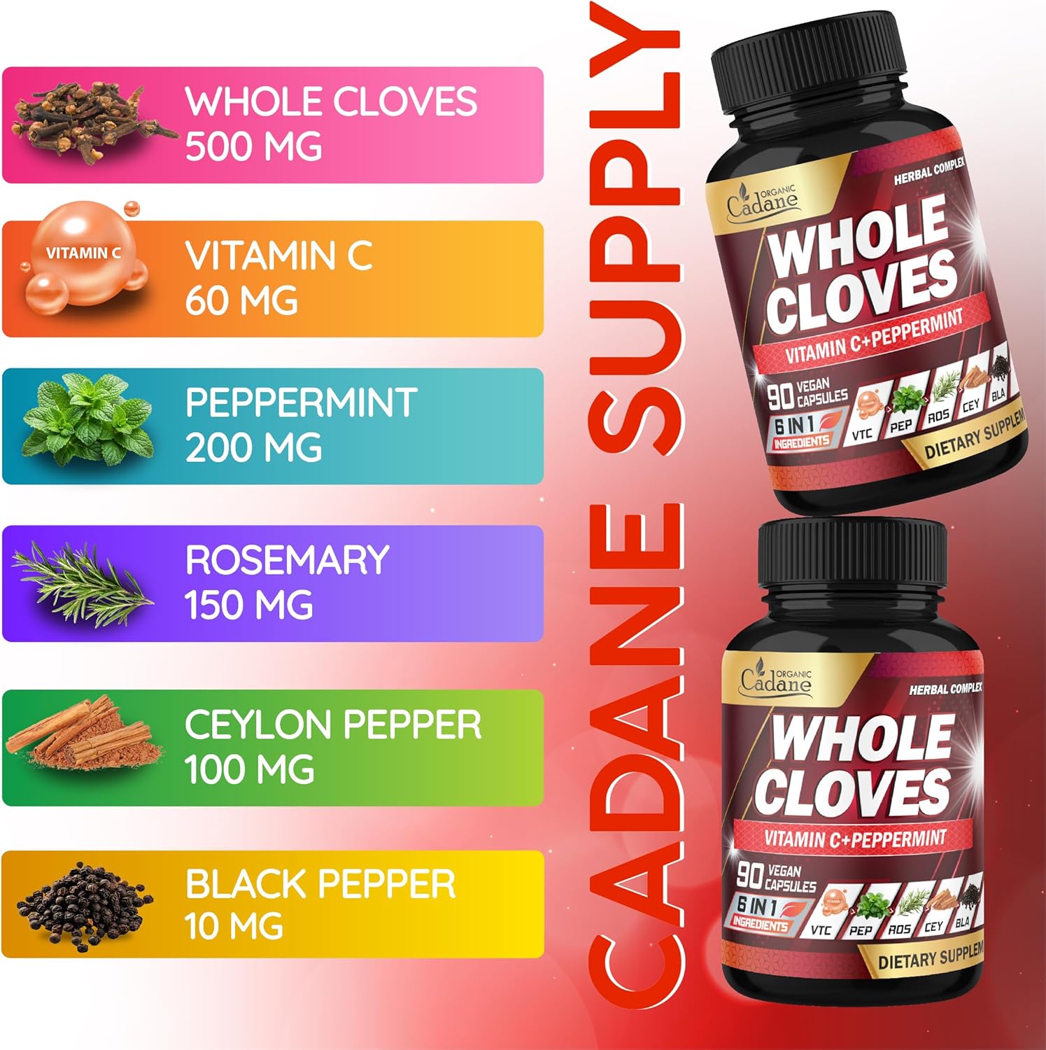 Cadane 6in1 Whole Cloves Herbal Supplement | Syzygium Aromaticum, Cinnamon, Peppermint, Rosemary, Black Pepper & Vitamin C | Non-GMO, Vegan – 90 Capsules – 45-Day Supply - Image 4