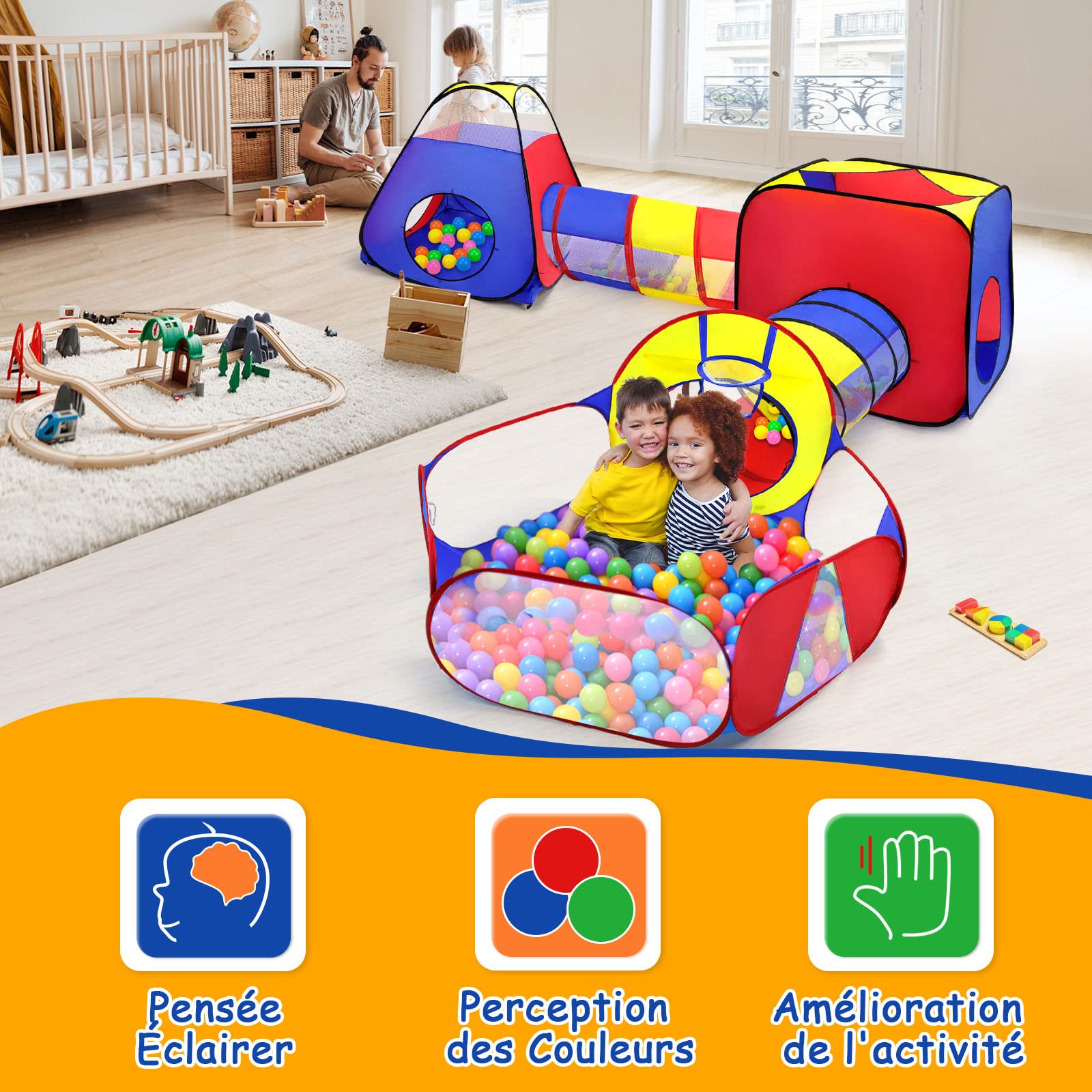 Opret 5 en 1 Pop Up Tente Tunnel Enfant, avec Piscine a Balle pour Bébé, Pliable Maison de Jeux Exterieur et Interieure pour Garçons Filles Cadeau de Noël d'anniversaire (sans balles)