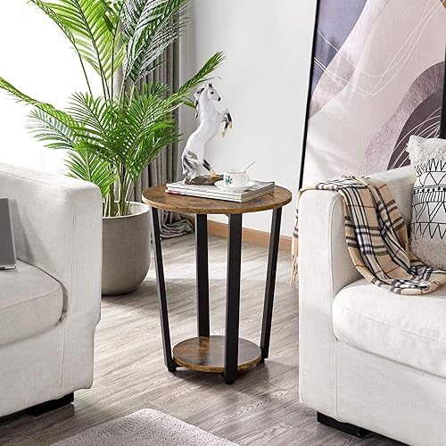 Miniatura 4 de Topeakmart Mesa auxiliar industrial con estante de almacenamiento, mesa redonda pequeña con estante de almacenamiento, mesa auxiliar de metal para