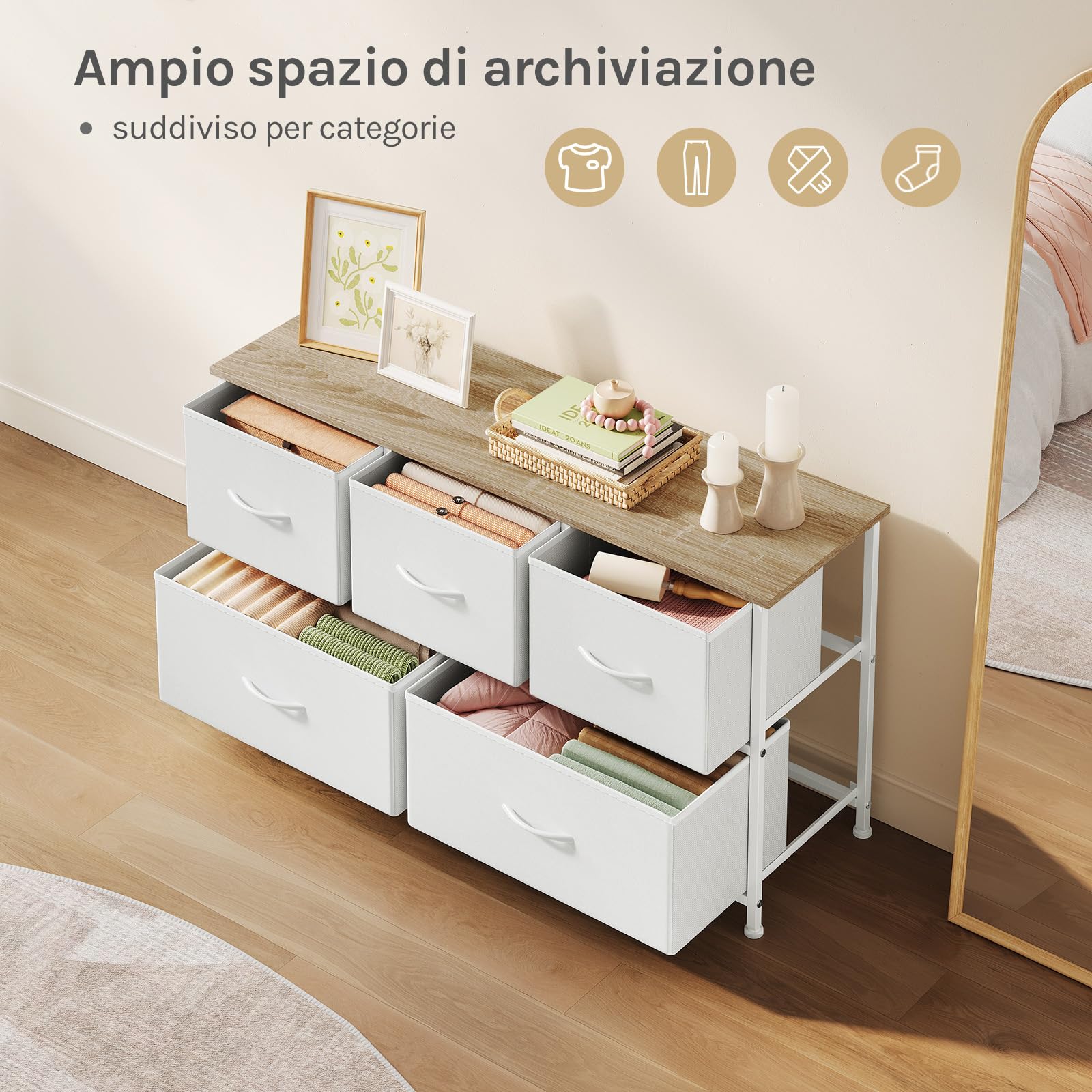 WOLTU Cassettiera Camera da Letto, Cassettiera con 5 Cassetti a 2 Livelli in Tessuto, Mobile con Cassetti Industriale, Struttura in Metallo e Legno, Bianco, 100x30x54cm, SSK005ws