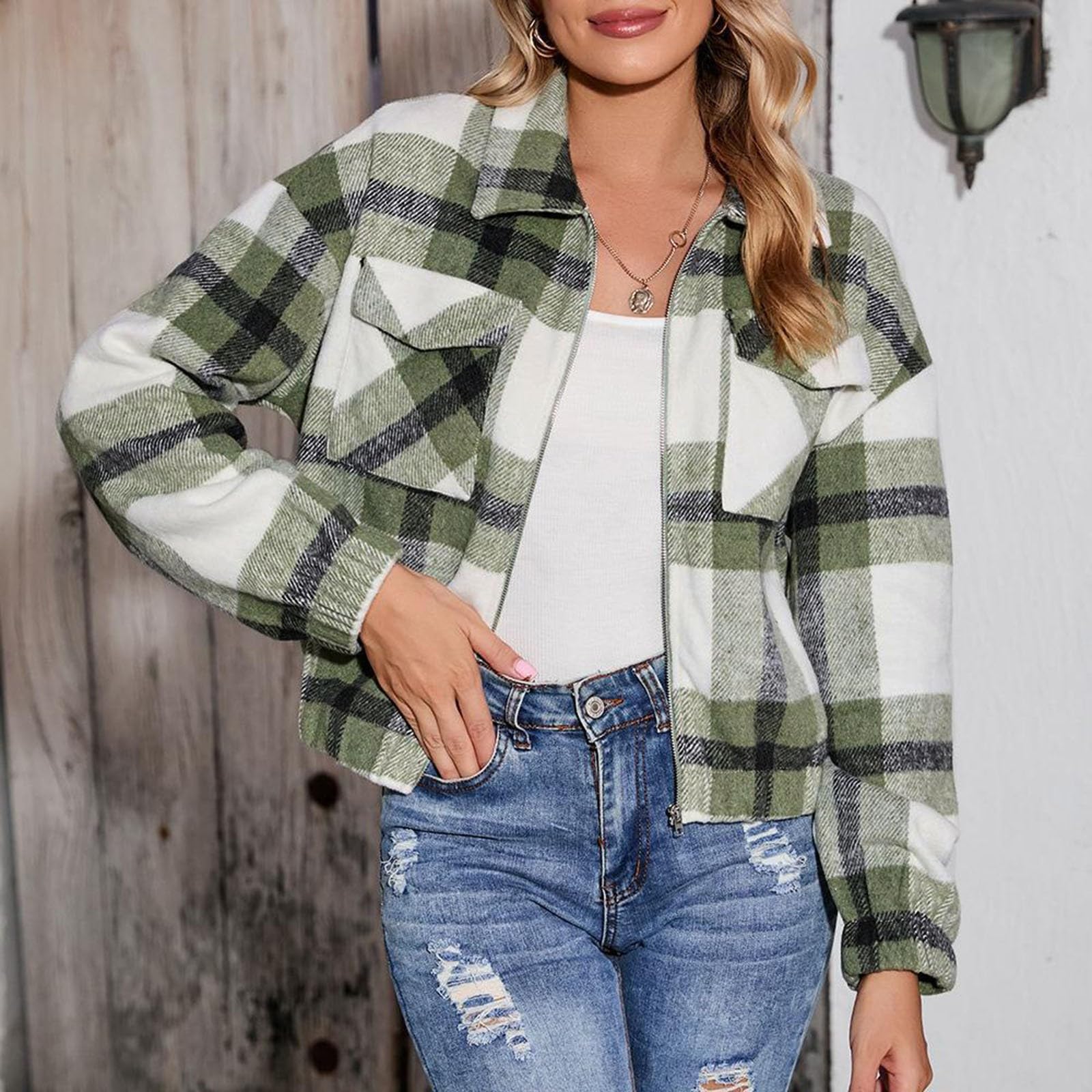 Chaqueta Mujer Invierno Abrigos De Cazadora Forro Polar，Chaqueta polar mujer con cremallera diseño corto a cuadros abrigo para invierno chaqueta acogedor de otoño informal y versátil con bolsillo