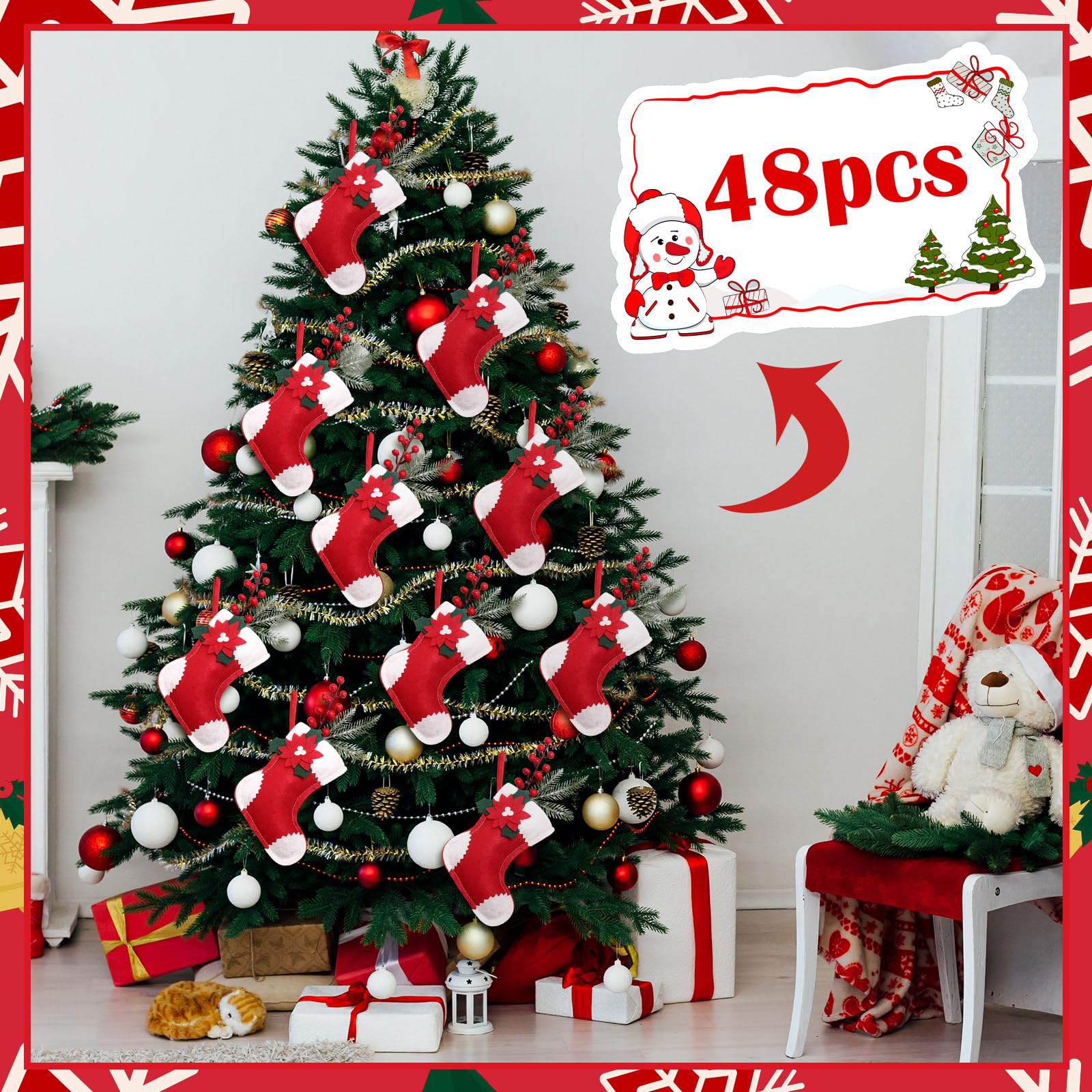 Geyoga Lot de 48 mini chaussettes de Noël en forme de poinsettia à suspendre pour cheminée, sapin de Noël rouge et blanc - 12,7 cm