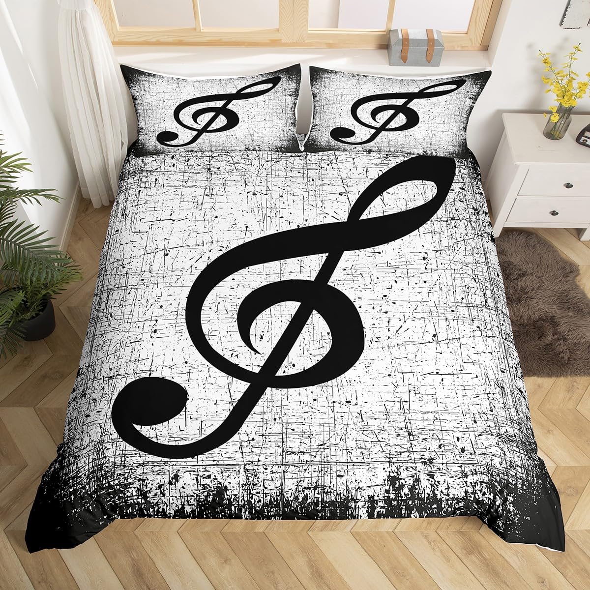 Feelyou Music Bedding Set Full Size Boys Girls Musical Note Duvet Cover for Kids Women Men Ultra Soft Music Lover Comforter Cover Set Black White