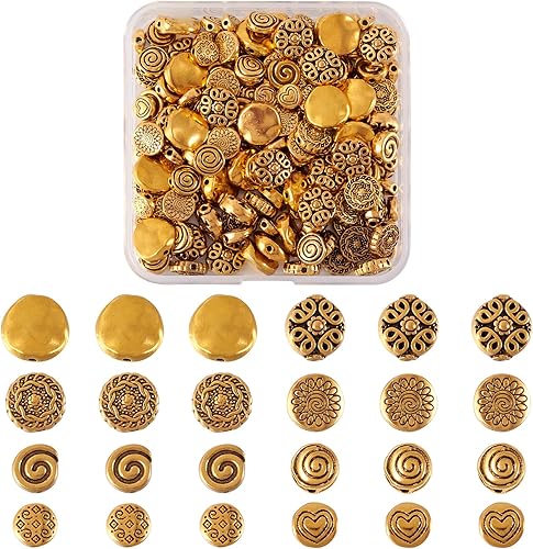 Craftdady 160 cuentas espaciadoras redondas planas de oro antiguo de 0.394 a 0.472 pulgadas (0.236-0.472 in) de metal tibetano, cuentas sueltas para