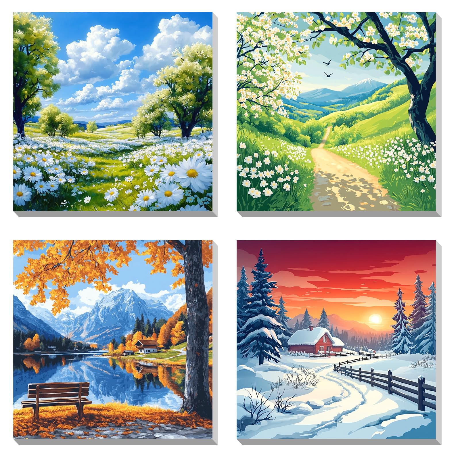 KEYIFA 4 Pack Paint by Numbers Kits for Adults Beginners, Four Seasons Scenery Paint by Numbers Framed on Canvas，DIY Craft Art Painting Kits for Children，Oil Painting Kits Home Wall Decor