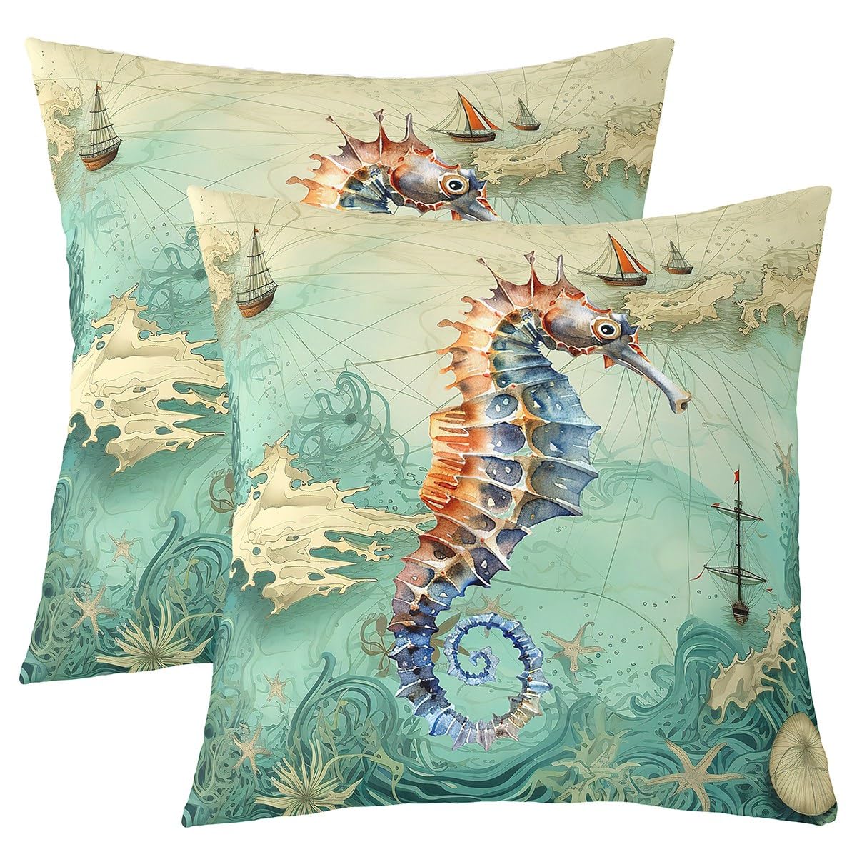 Homemissing Set di 4 federe decorative per cuscini con cavalluccio marino, 50 x 50 cm, con stampa di barca a vela, per divano, a tema oceano, vita marina, per esterni