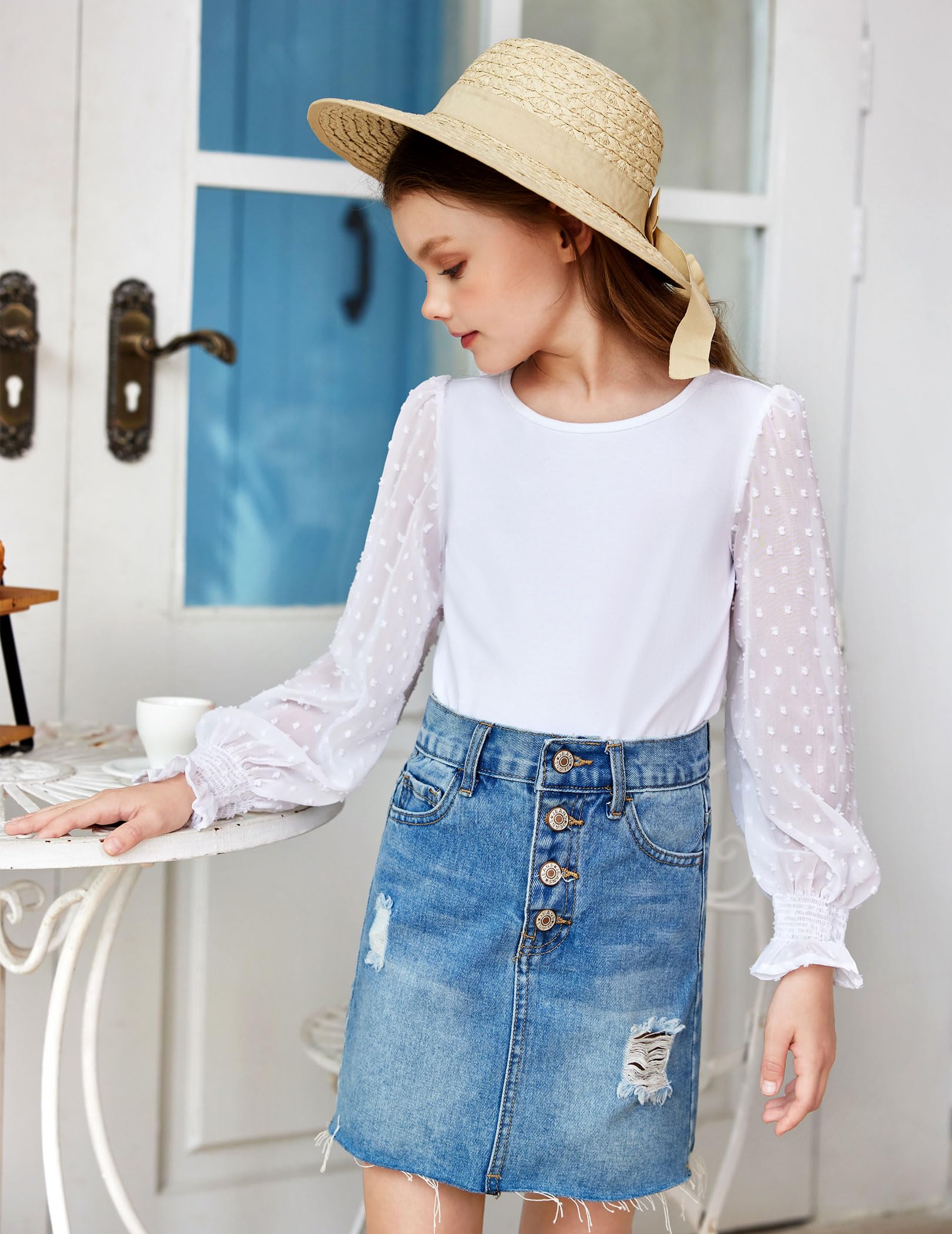 Arshiner Mädchen Langarmshirt mit gesmokten Rüschenmanschetten Polka Schweizer Dots Kinder Pullover Shirts Süßes Rundhals Oberteil Bluse für Mädchen 5-12 Jaher