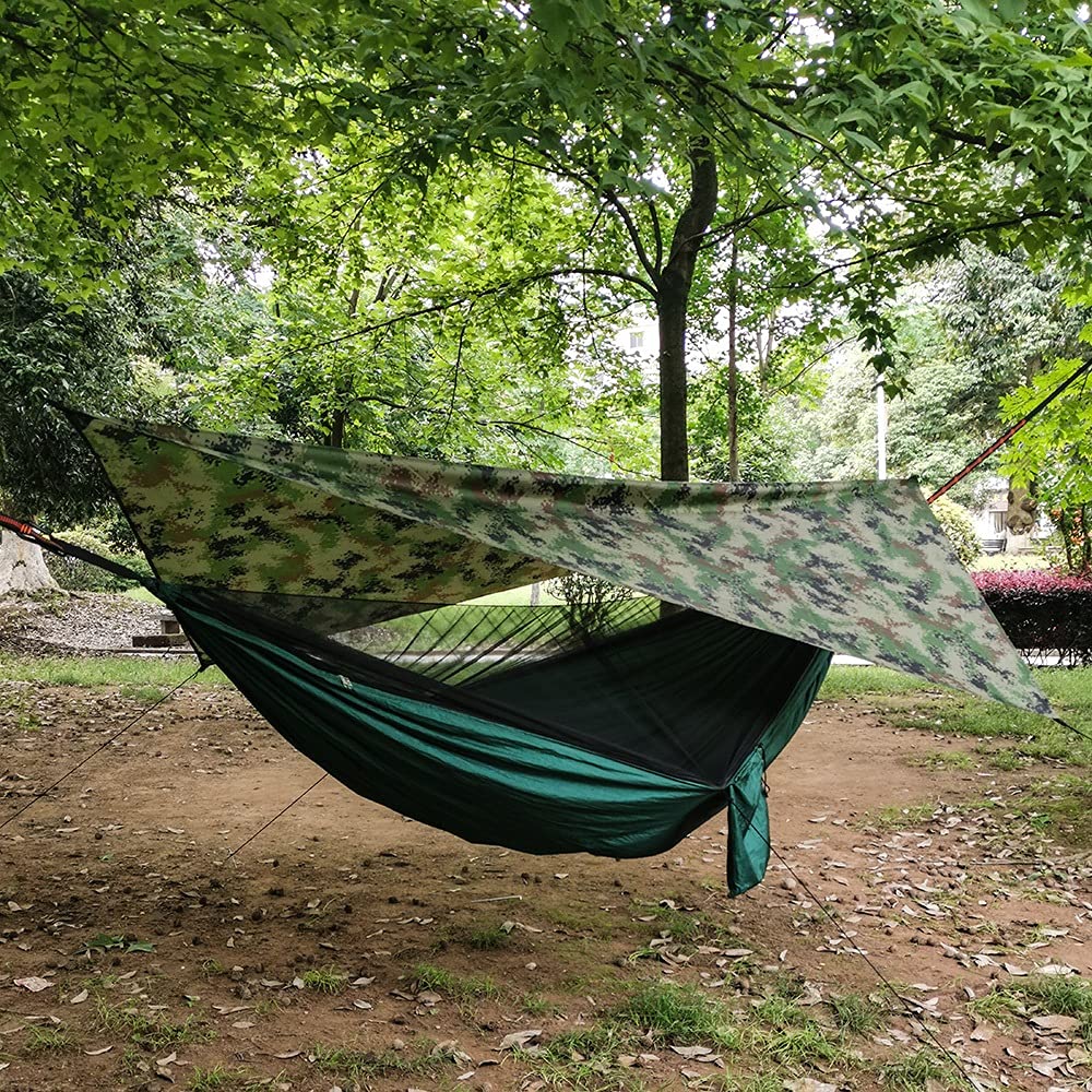 Amaca portatile da campeggio con zanzariera, telo antivento leggero, materiale bue 400D, ideale per escursioni all'aperto e avventura (verde)