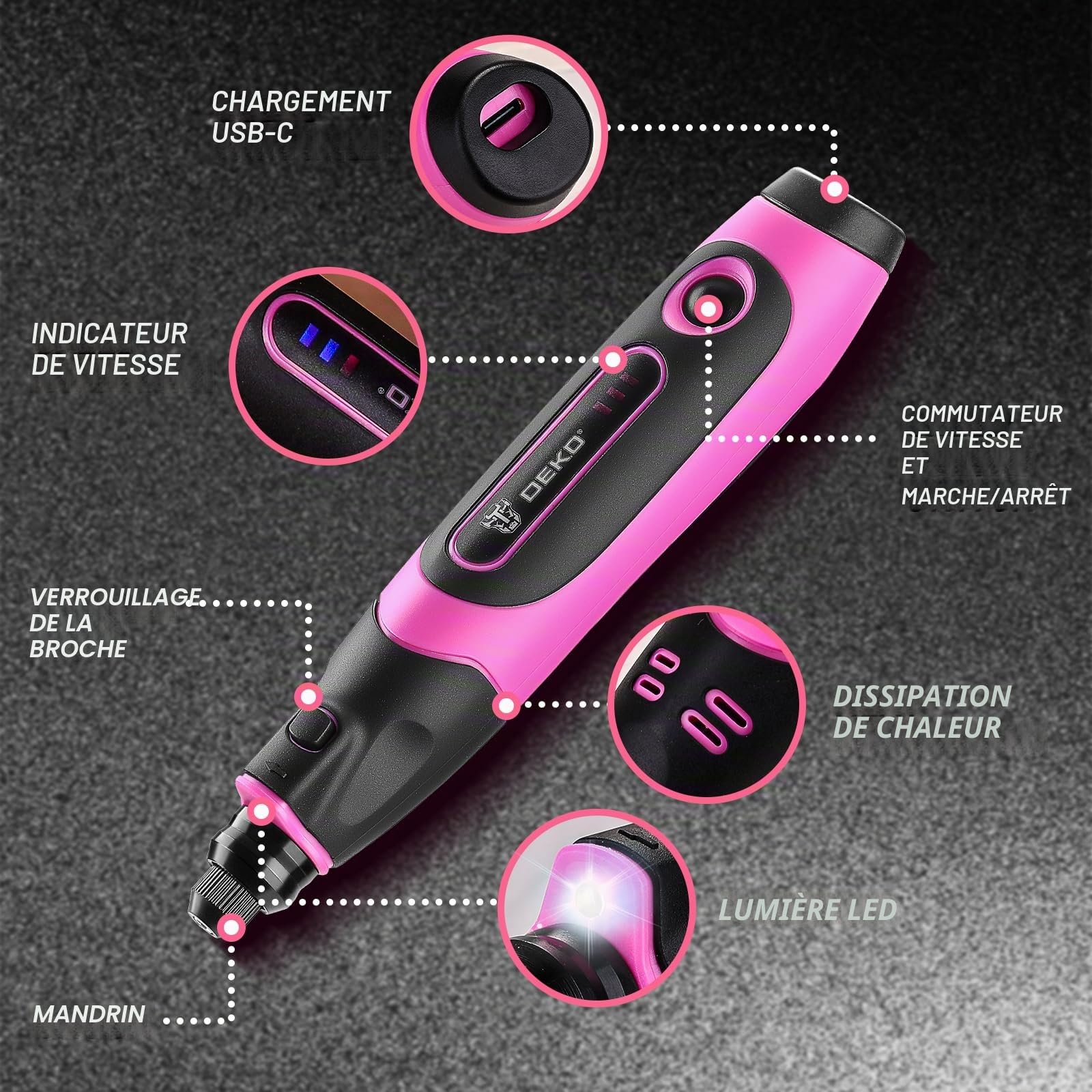 DEKOPRO Outil Rotatif Multifonction: 3.6 V Rose Mini Ponceuse pour les petits projets de bricolage,Meuleuse électrique avec 70 accessoires pour sculpter,couper,poncer,meuler,polir,graver