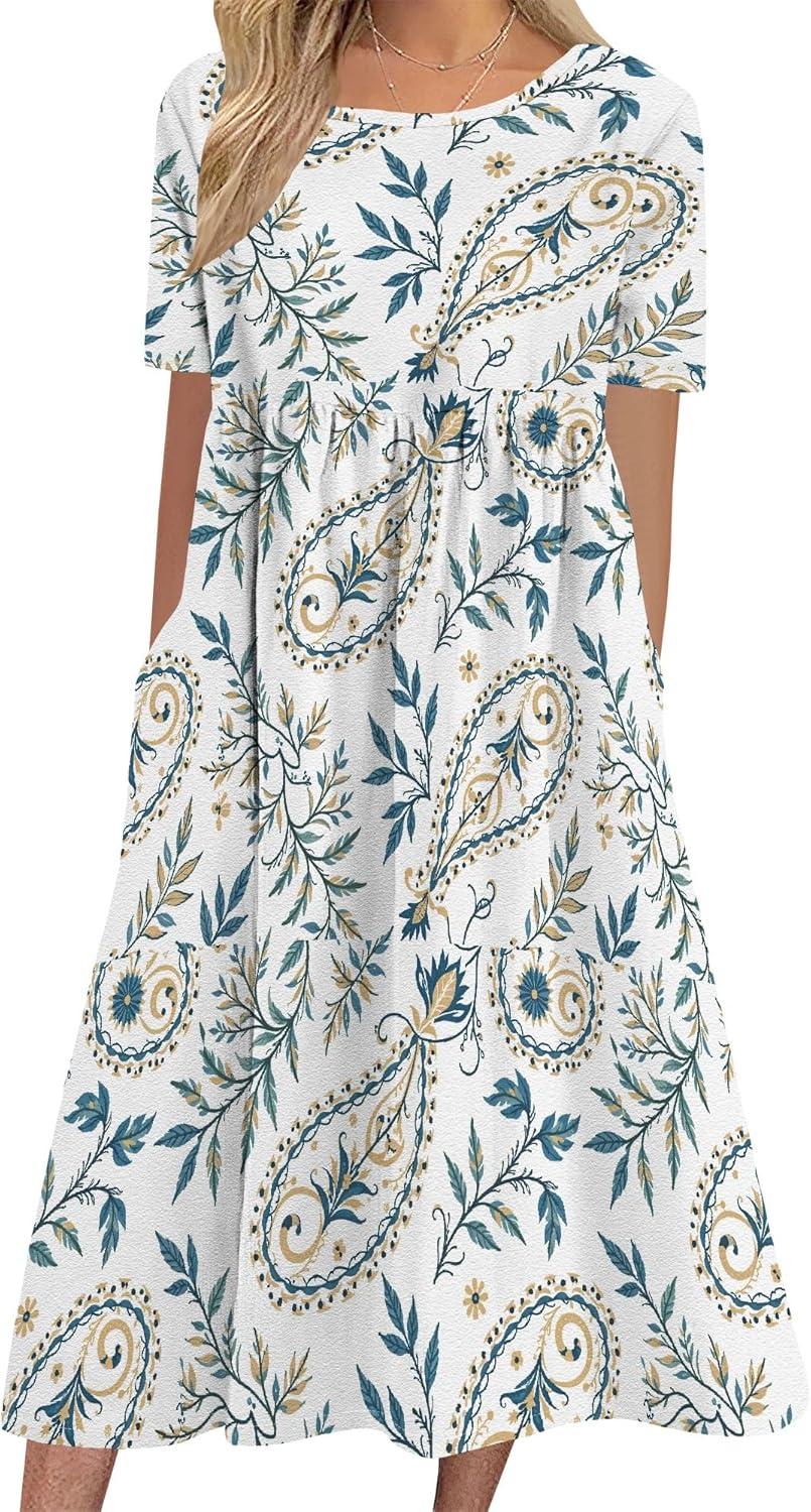 Womens Maxi Dresses Floral Print Half Sleeves Casual Crew Neck Plus Size Beach Dress with Pockets for 2025 Summer
