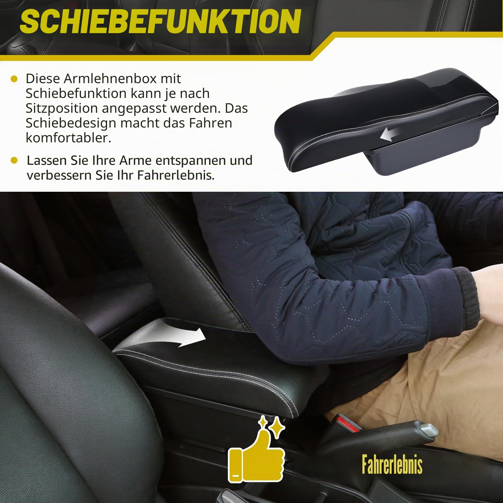 Auto Armlehne compatible with Peugeot 2008/208 Armlehnen 2019-2024 Armstütze Armauflage Zentraler Staukasten Schwarz mit weißen Nähten