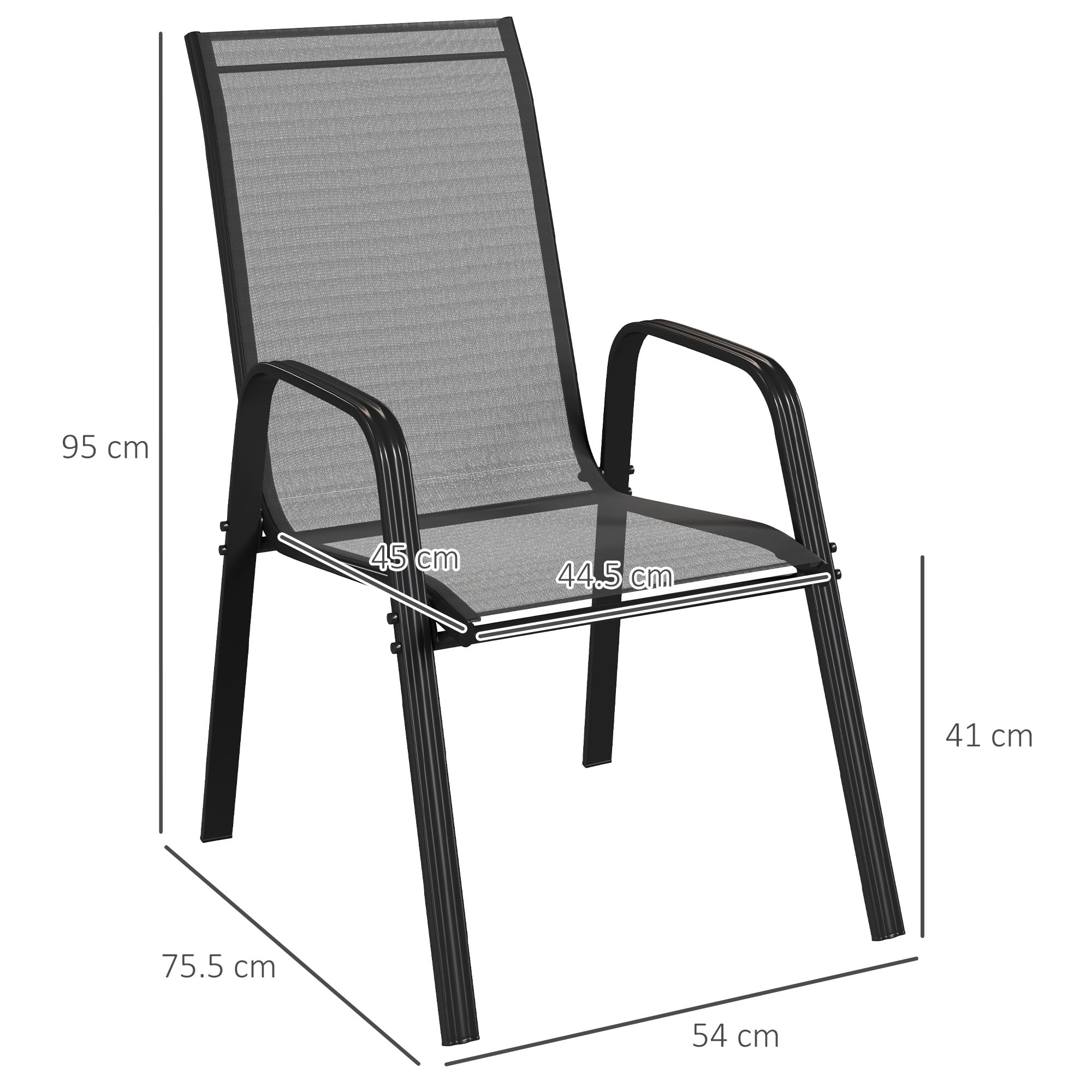 Outsunny Set 4 Sedie da Giardino Impilabili con Braccioli in Metallo e Texteline Impermeabile, 54x75.5x95cm, Nero