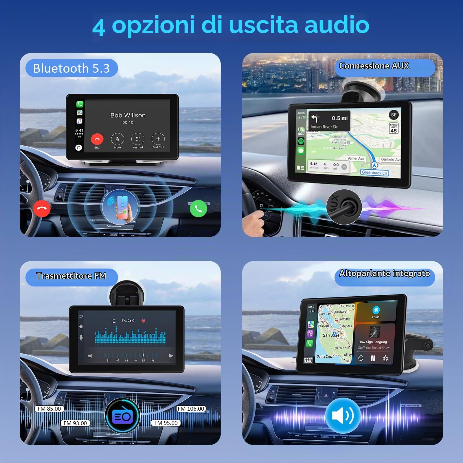 Autoradio Portatile con Carplay Wireless Android Auto, Schermo per Auto con IPS Touchscreen da 7 Pollici, Car Play Radio Bluetooth Auto con Mirror Link, Navigazione GPS, Controllo Vocale, AUX, FM