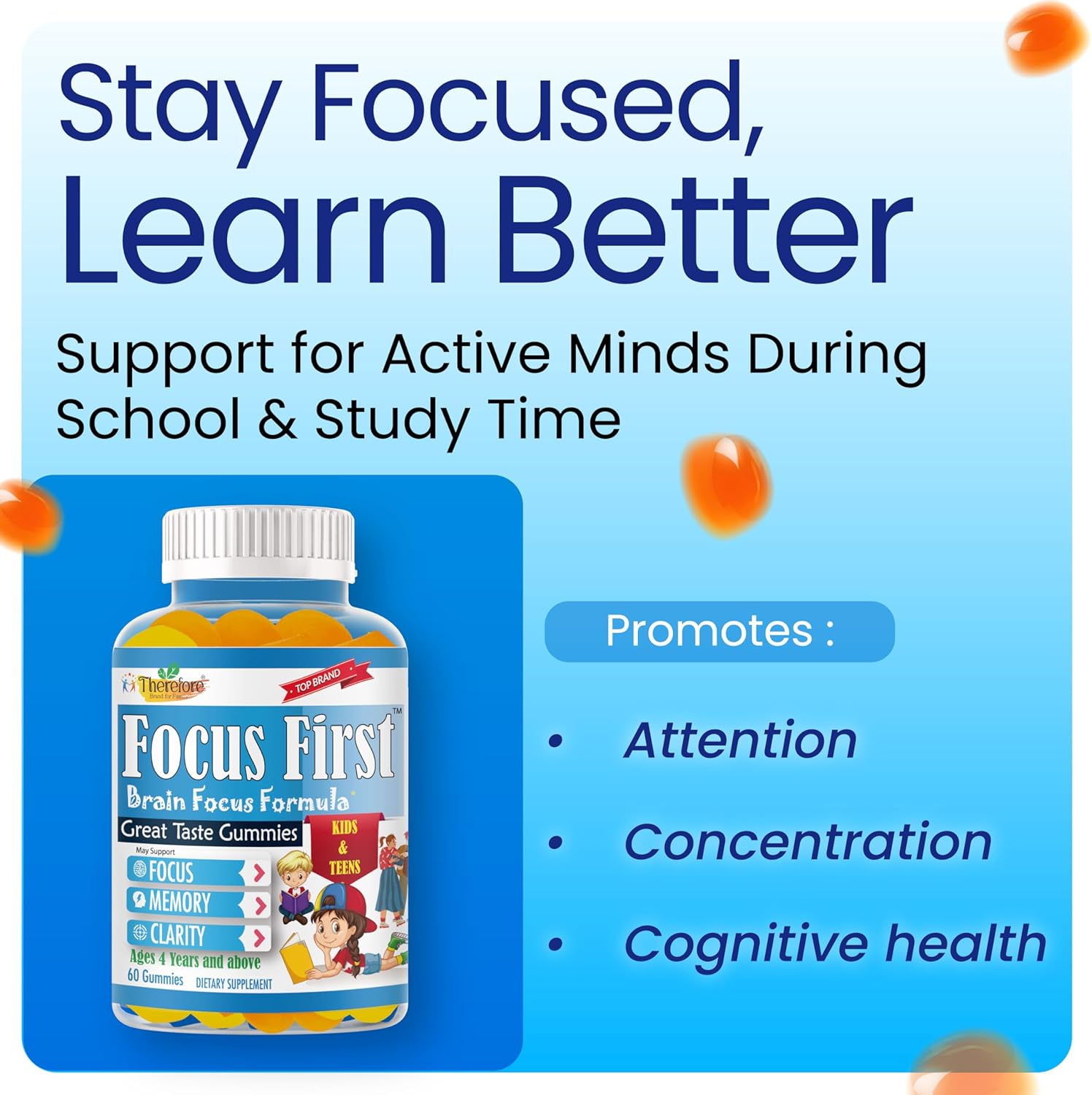 Kids Focus and Attention Supplements – Omega 3 Focus Gummies for Kids & Teens | Brain Focus Supplement & Memory Vitamins | Vegan, Non-GMO, Fruity Flavor – 60 Gummies - Image 3