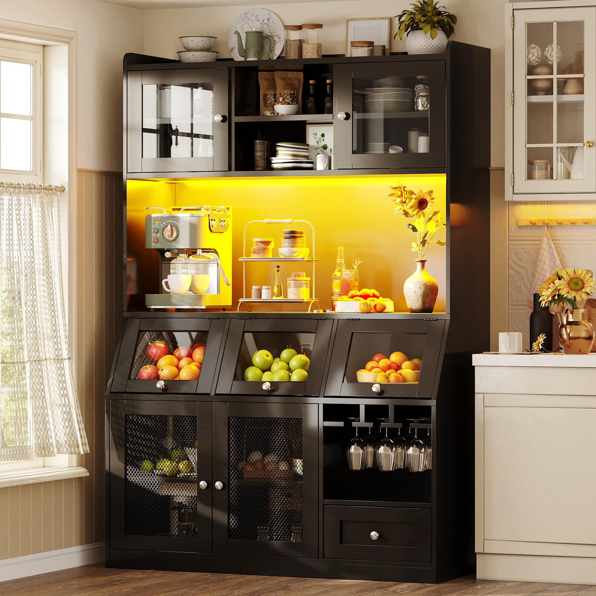Buffet Haute Cuisine L120 x P40 x H182 cm, Armoires de Cuisine, Vaisselier avec Port USB, Meuble Cuisine Rangement avec Portes Vitrées, éclairage LED, Un Plan de Travail spacieux, Noir