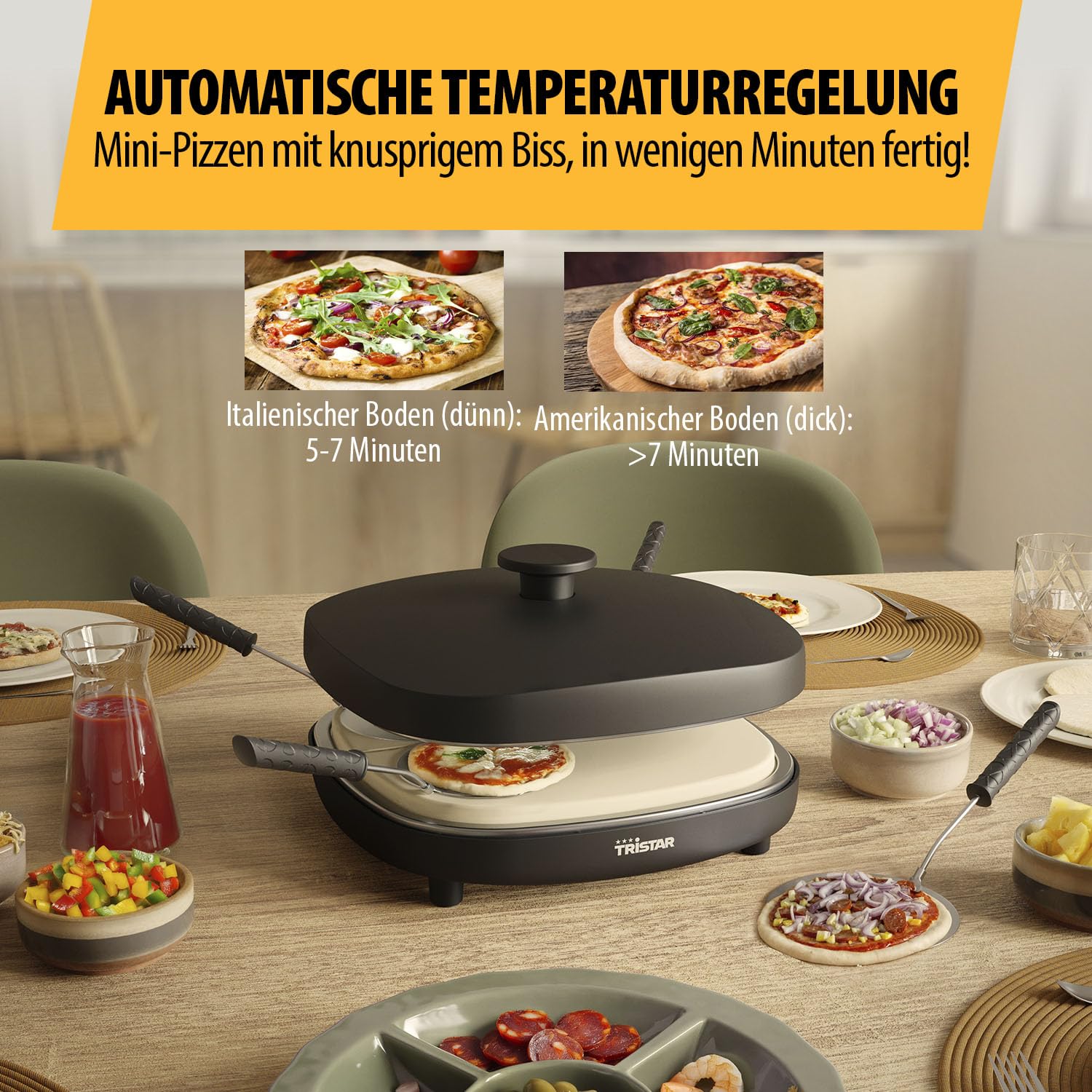 Tristar Pizza Family 4 Pizza Maker, 25x25 cm, 900 W, Für 4 Personen, PFAS-freie Keramikbeschichtung, Abnehmbare Platten, 4 Pizzaschaufeln & Teigschneider, PZ-9174