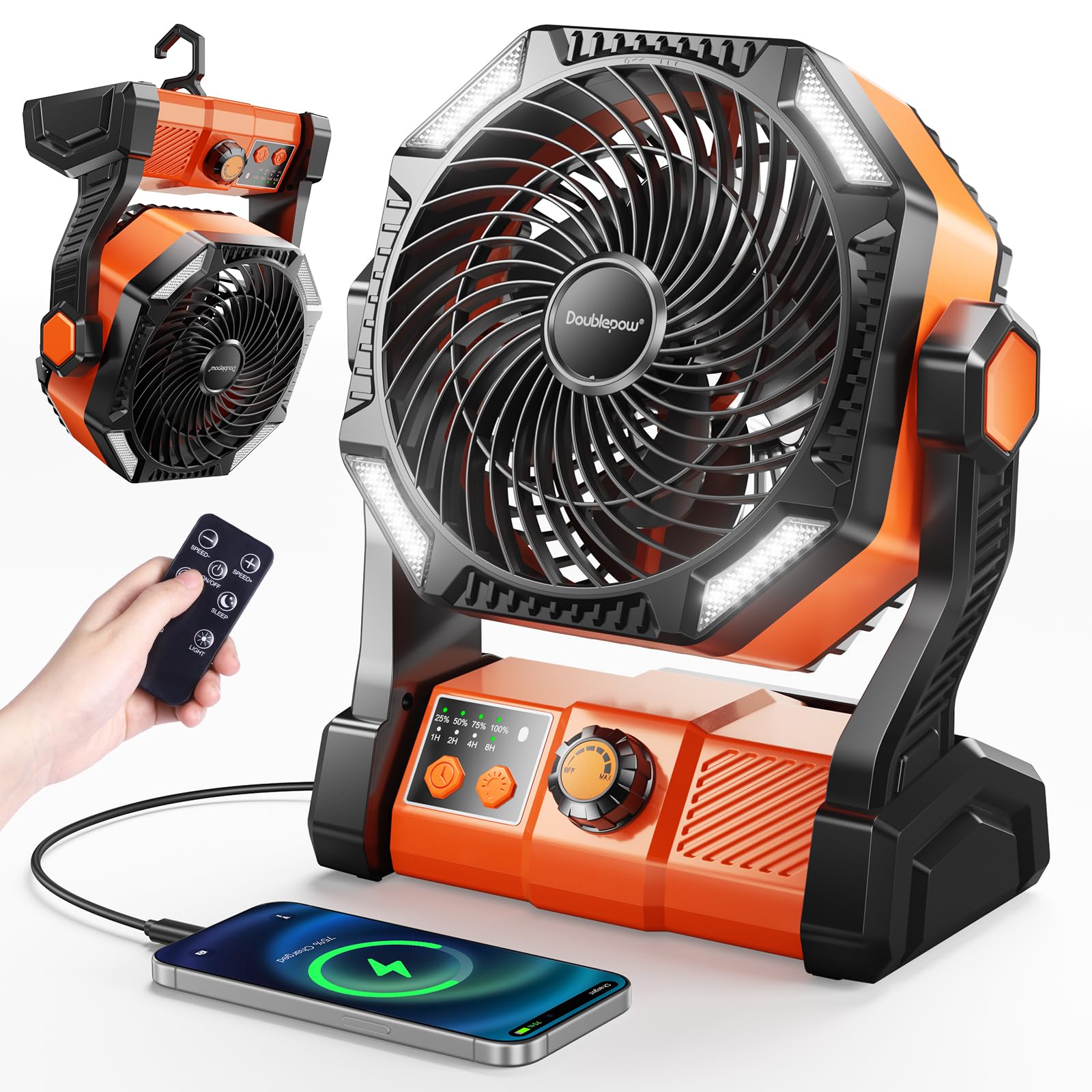 Doublepow 20000mAh Camping Fan with LED Light, Rechargeable Portable Table Fan, Upgrade Knob Adjustment 8 Speed with Remoter, Hook, Timer, Tent Fans