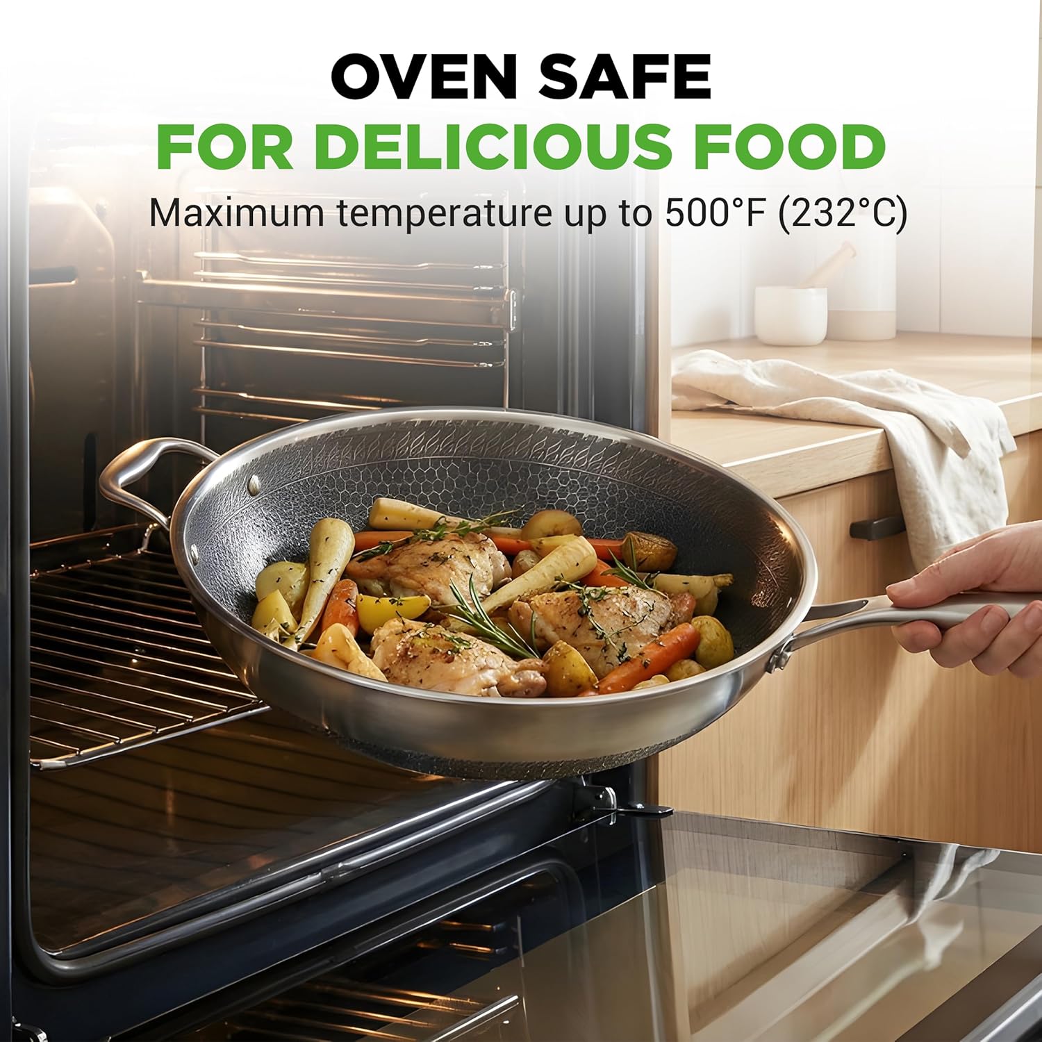 NutriChef 12" Stainless Steel Durable Wok - Triply Kitchenware Wok with Glass Lid, Side Handle - DAKIN Etching Non-Stick Coating, Scratch-resistant Raised-up Honeycomb Fire Textured Pattern
