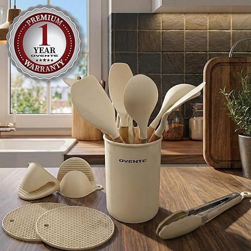 Miniatura 9 de OVENTE Juego de utensilios de cocina de silicona, 17 herramientas de cocina resistentes al calor para utensilios de cocina antiadherentes con mango
