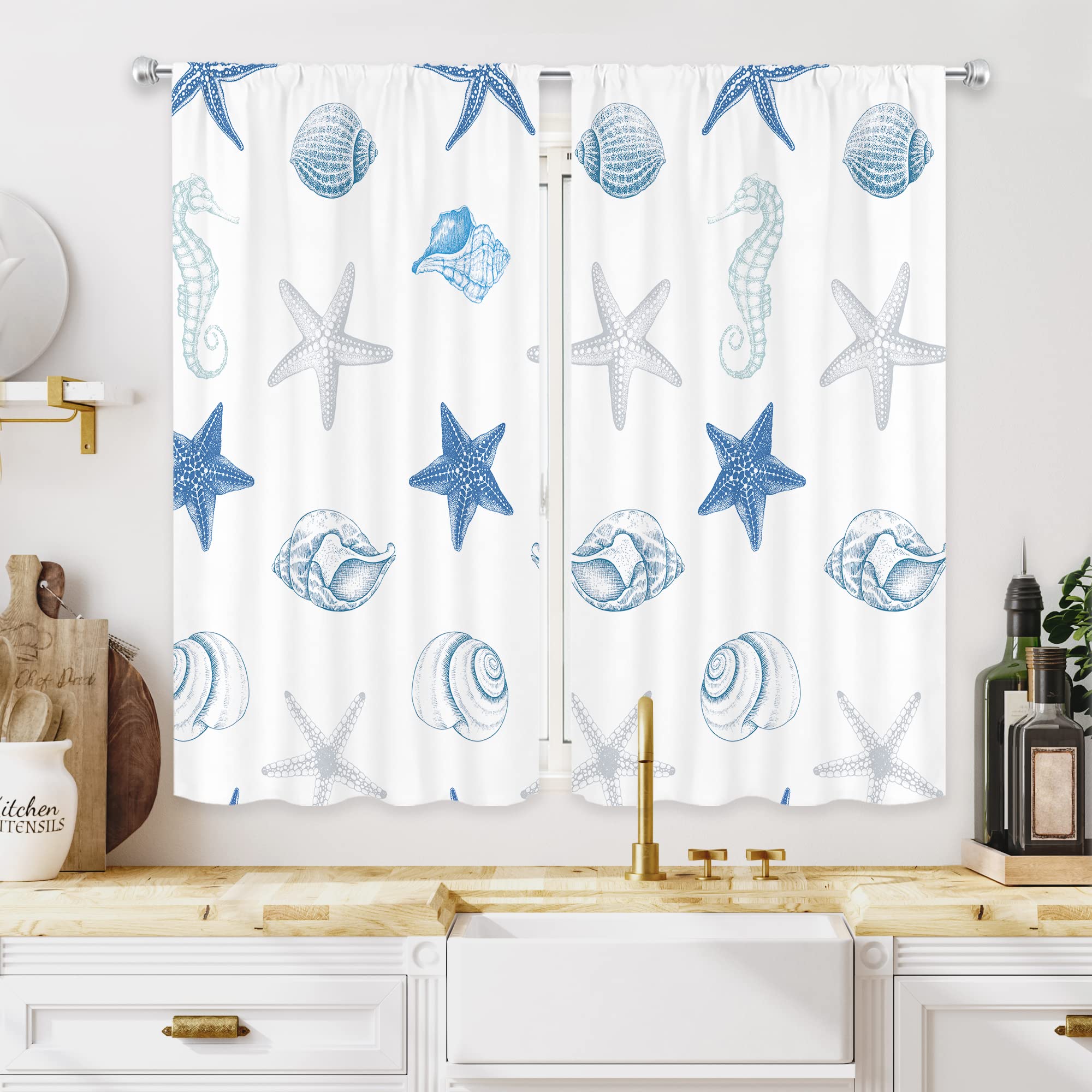 MESHELLY Beach Kitchen Curtains 27.5Wx39H Inch Rod Pocket Blue White Ocean Kitchen Decor Starfish Seashell Cafe Curtains Conch Sea Horse Sealife Art Printed Small Bedroom Window Drapes Fabric 2 Panels