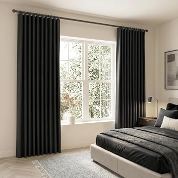 SHINELAND Black Blackout Curtains 102 Inch Long, Pleated Floor to Ceiling Curtains for Track System with Built in Pin Hooks for Living Room Bedroom, 2 Panels Set