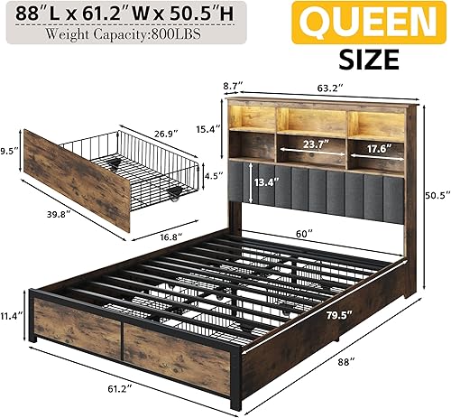 Miniatura 2 de Lifezone Marco de Cama Queen con Cabecero, Marco de Cama Queen con Cabecero de Estantería de Alto Almacenamiento, 4 Cajones de Almacenamiento y