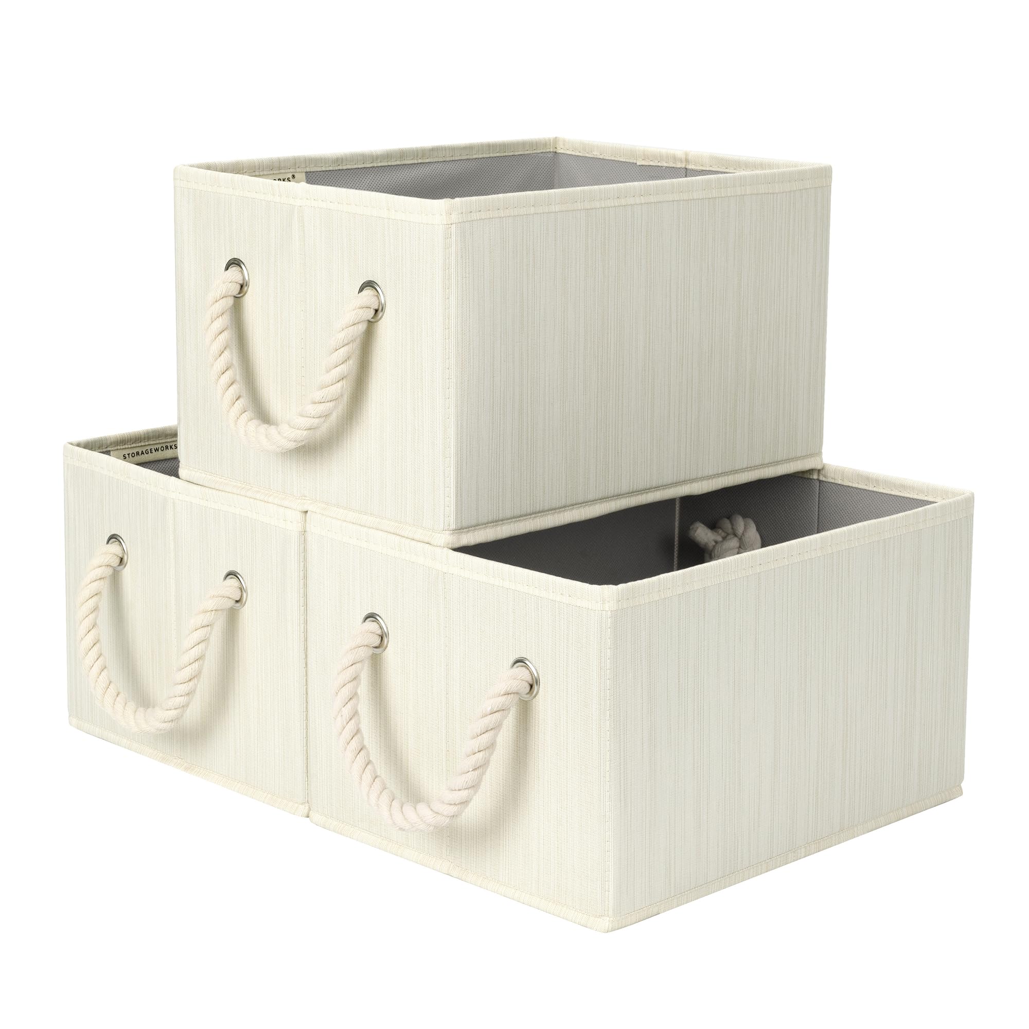 StorageWorks Storage Baskets for Shelves, Foldable Fabric Closet Storage Bins with Handles, Fabric Storage Bins Clothes Organizer, Beige, White & Ivory, 3-Pack, Small