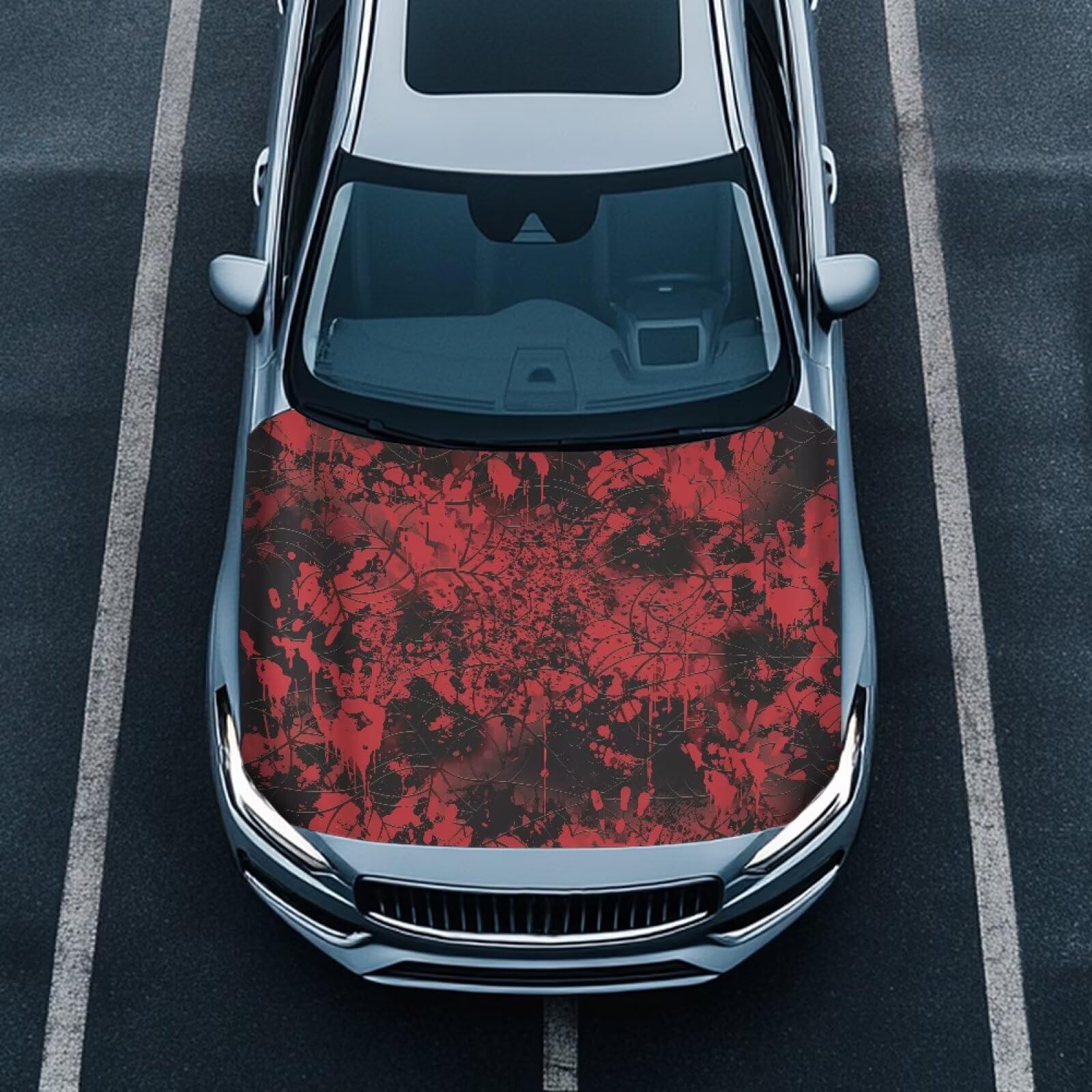 Car Hood Cover Elastic Polyester Car Hood Cover with Red Spider Web Waterproof Automotive Accessories Suitable Most Automotive Sedans Trucks Pickup Sports Cars