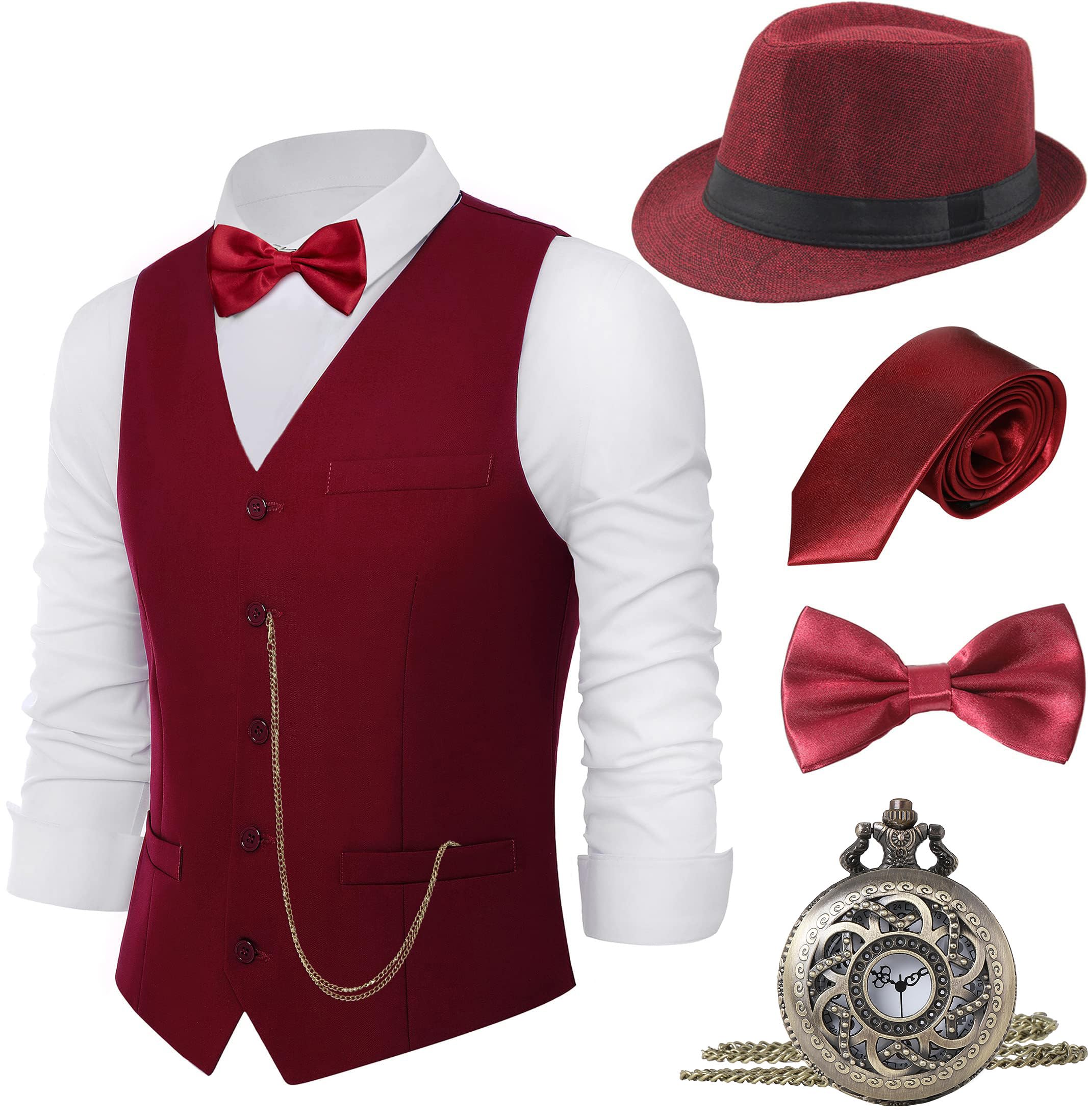 BABEYOND 1920s Mens Gatsby Gangster Vest Costume Accessories Set Fedora Hat, Y-winered, XX-Large