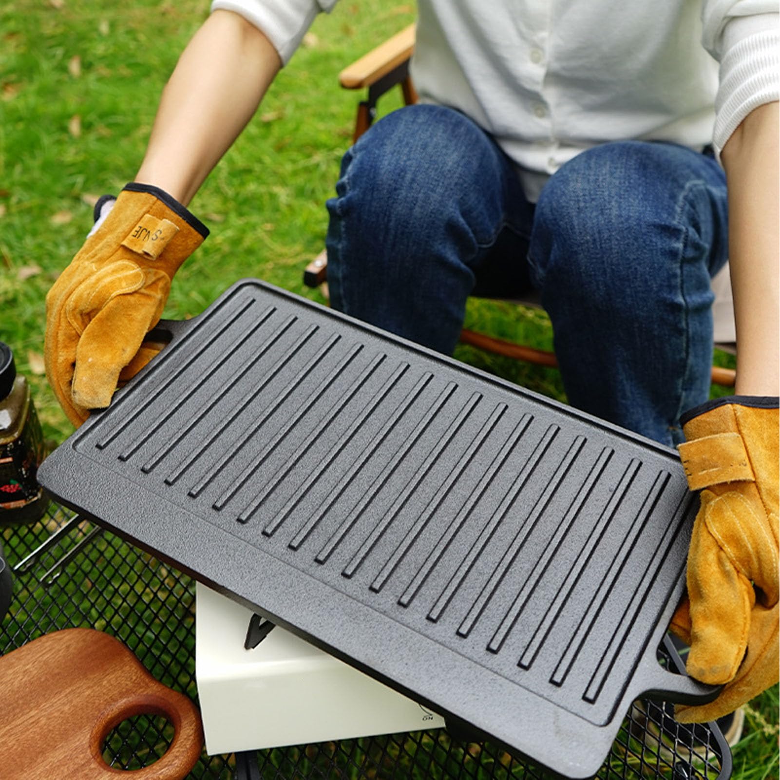 Piastra Bifacciale in Ghisa per Griglia Reversibile a Gas e a Induzione con Distribuzione Uniforme del Calore per Cucinare all'interno/all'esterno, Campeggio, Barbecue (Piccola)