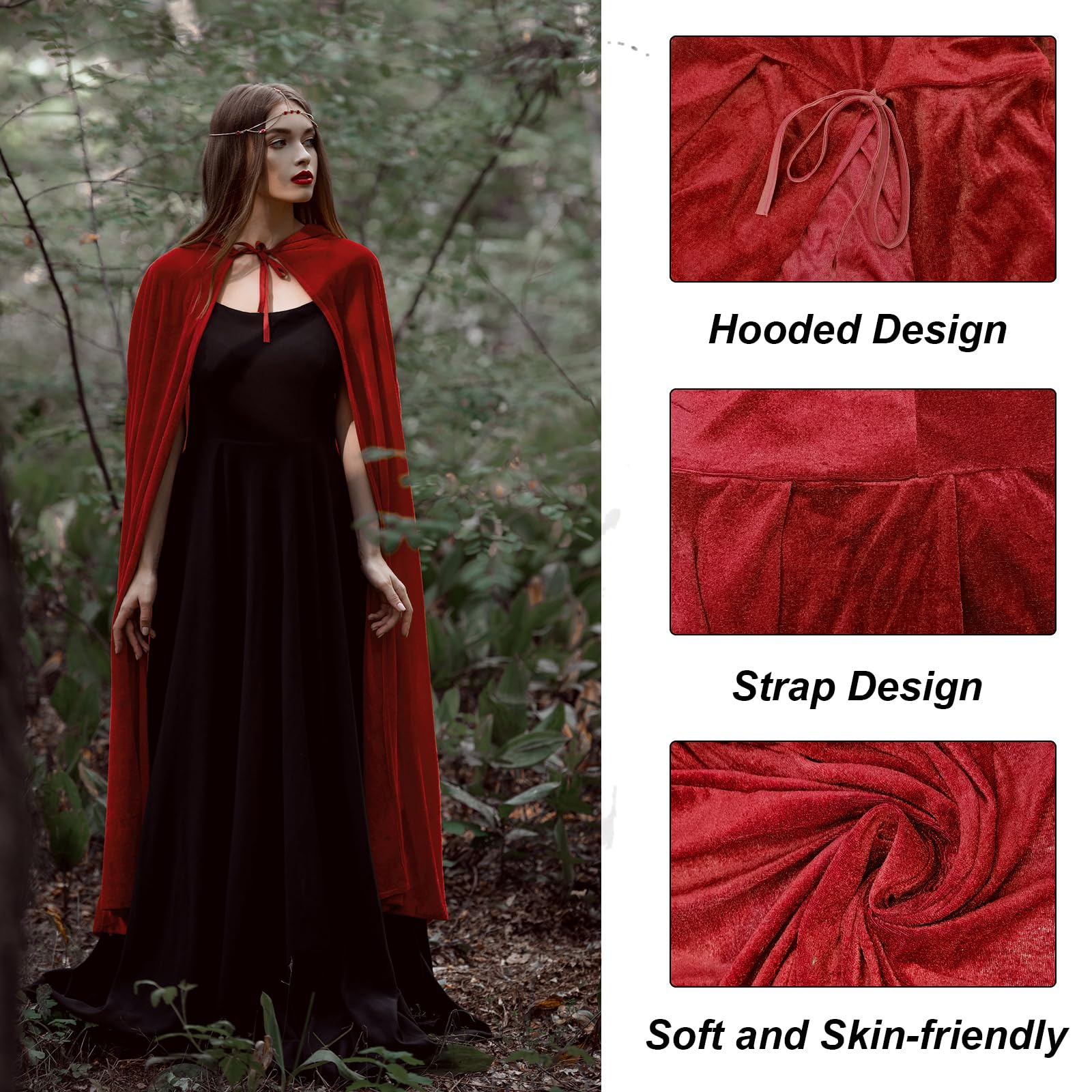 FUIPVGI 140 cm/55" Red Cloak,Grim Reaper Costume,Grim Reaper Costume,Cape Halloween Hooded Cape Witch Cosplay,for Adult Kids Halloween Vampire Fancy Dress Role Play Cosplay (Red) - Image 4