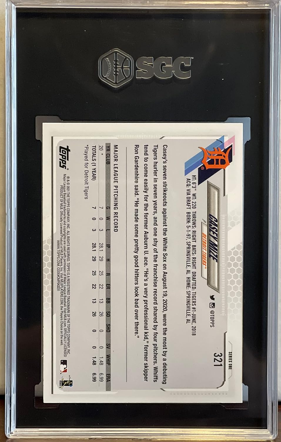 Casey Mize SSP (RARE) Graded SGC GM 10 Rookie Card Collectible Baseball Card - 2021 Topps Baseball Card #321 (Tigers) Free Shipping