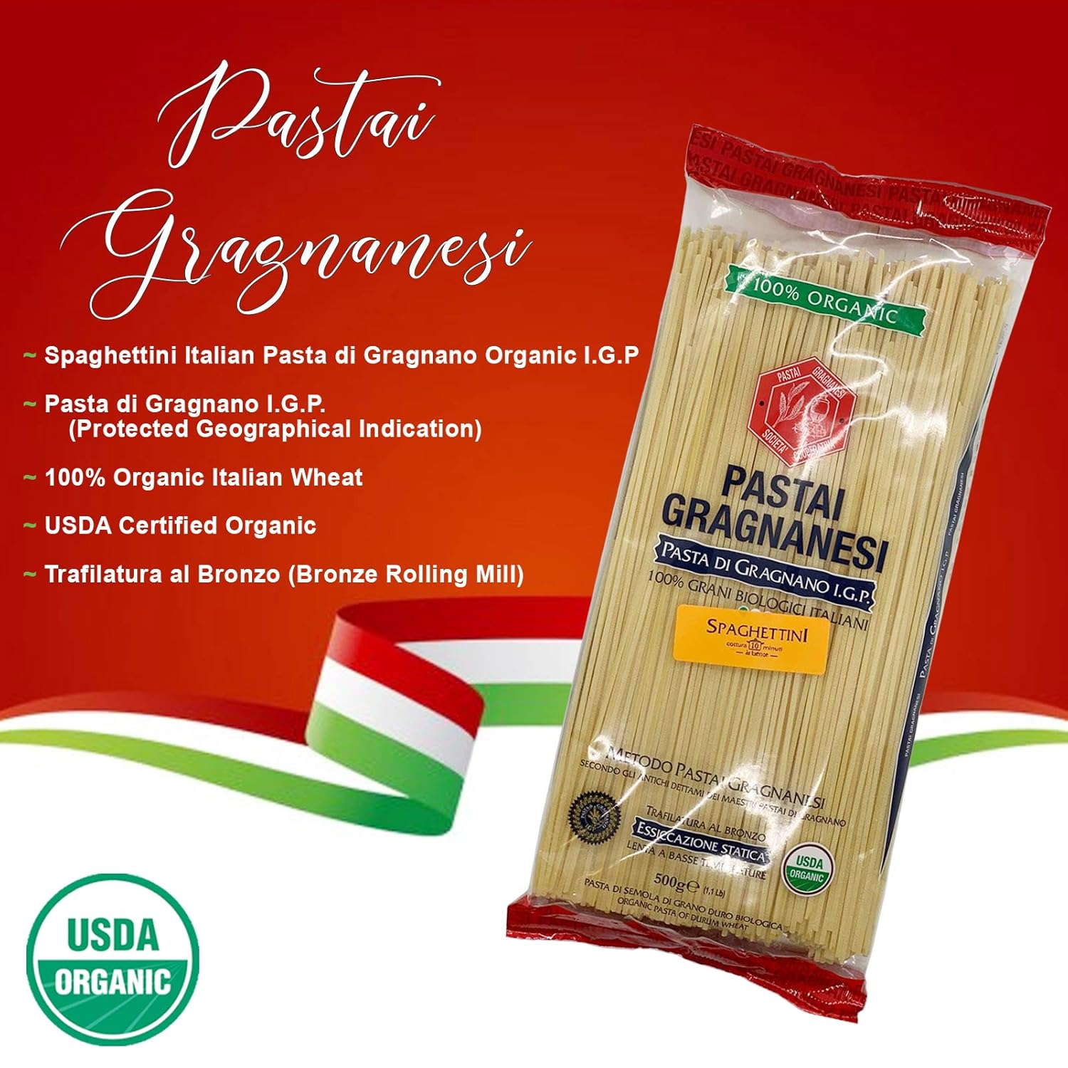 Spaghettini Organic Italian Pasta di Gragnano I.G.P. | Pastai Gragnanesi | USDA Certified Organic| 17.6oz (500g) | Pack of 5