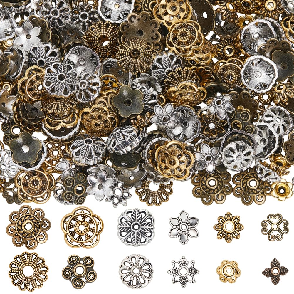 SUNNYCLUE 1 Box 360Pcs 12 Styles Metal Flower Bead Caps Floral Bead Spacers Bulk Gold Silver Antique Bronze Alloy Vintage Tibetan End Charm for Jewelry Making Bracelet Necklace DIY Craft Supplies