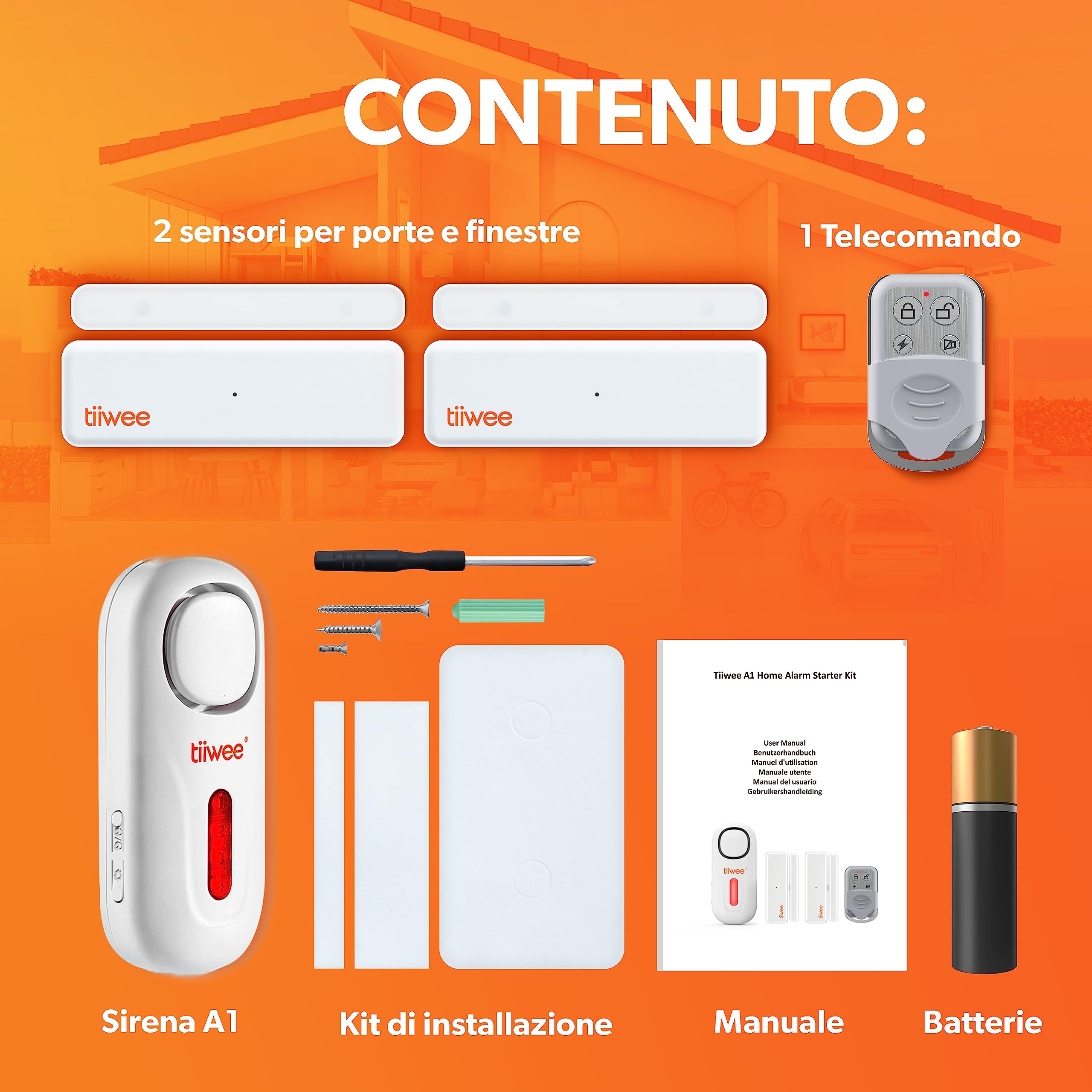 tiiwee A1 Allarme Casa – Sistema di Allarme Senza Fili – Antifurto Casa – Sirena Forte, 2 Sensori per Porte e Finestre, 1 Telecomando – Per Appartamento, Garage, Ufficio