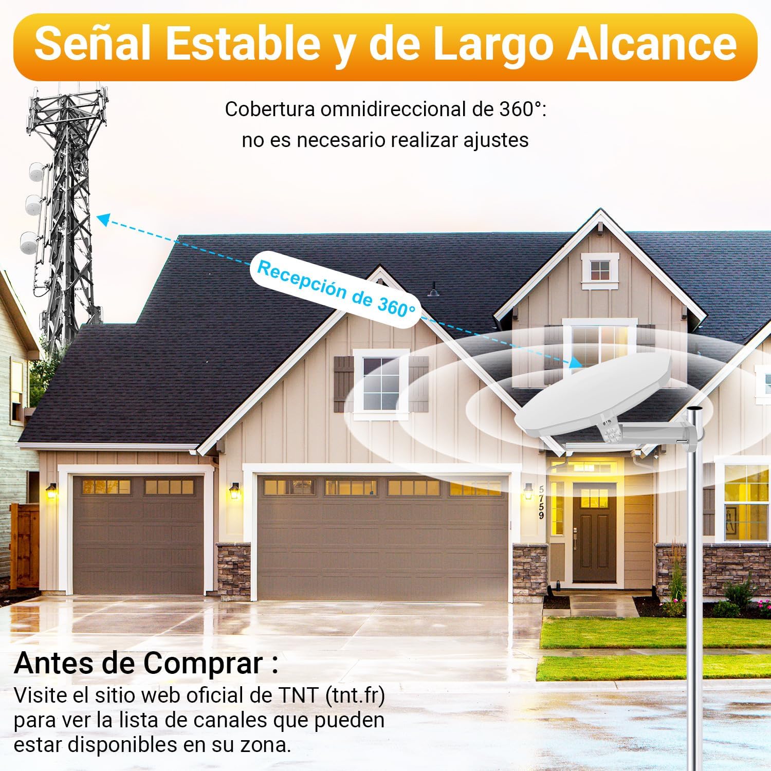 Antena TV Exterior Potente TDT Digital, Compatible con Antena TV Interior Potente, al Aire Libre con Recepción Omnidireccional 360°,Canales Locales 4K 1080P, Cable Coaxial de 32,8ft