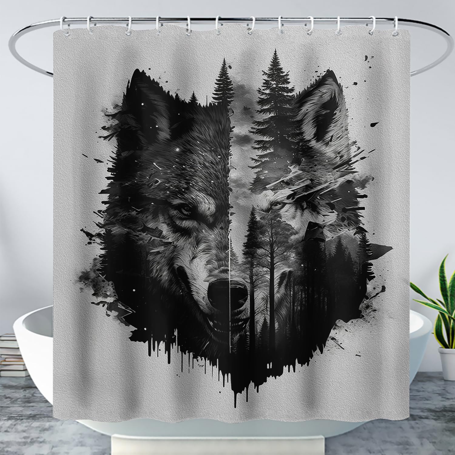 AILONEN Forest Wolf Shower Curtain Set,Black and White Wolf Head Bathroom Curtains Set for Boys,Men,Woodland Trees Wild Wolf Waterproof Shower Curtains Set with Hooks for Bathroom Decor,72