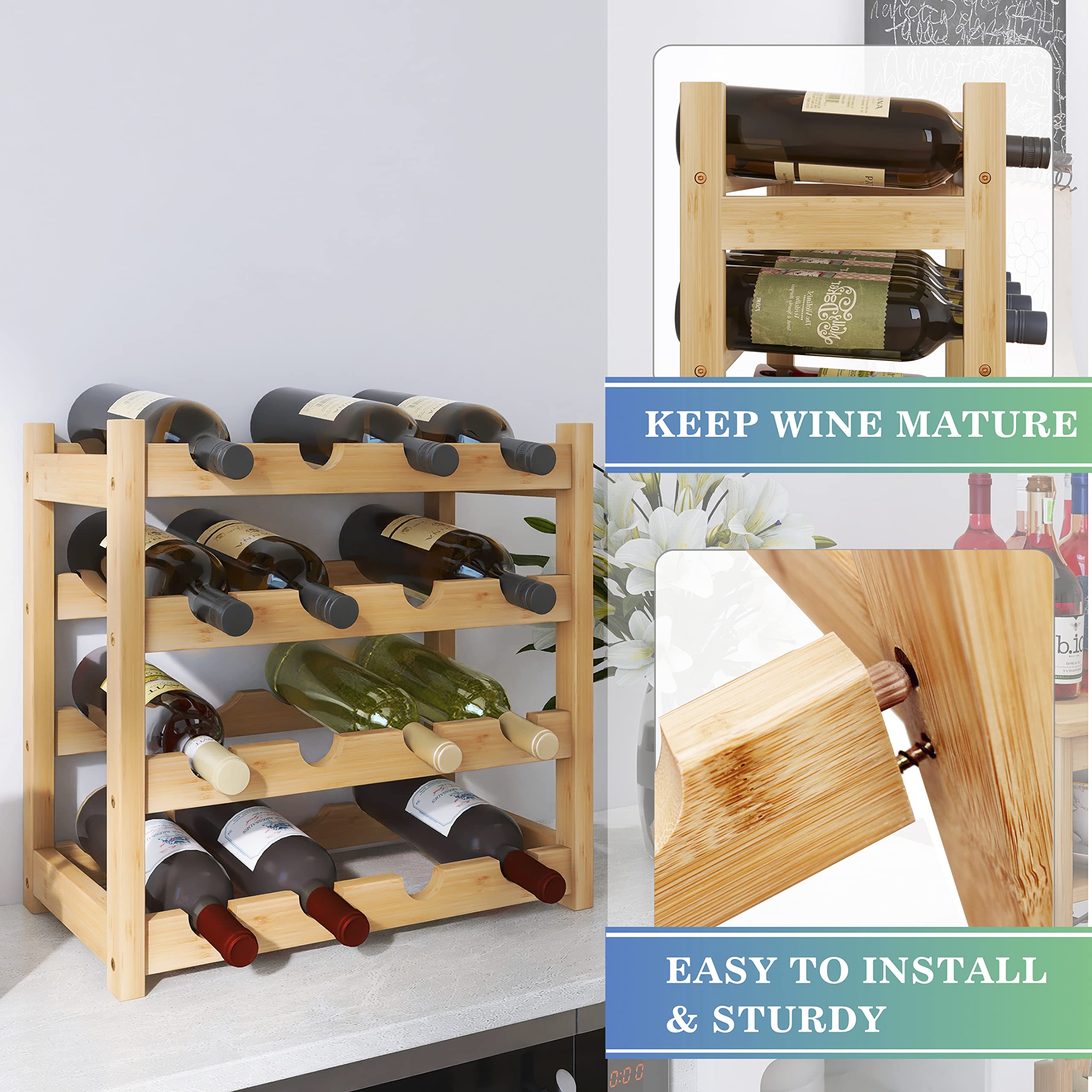 BMOSU Portabottiglie In Bambù Per 16 Bottiglie Di Vino – 4 Ripiani – Colore Nero – Per Cucina E Cantinetta