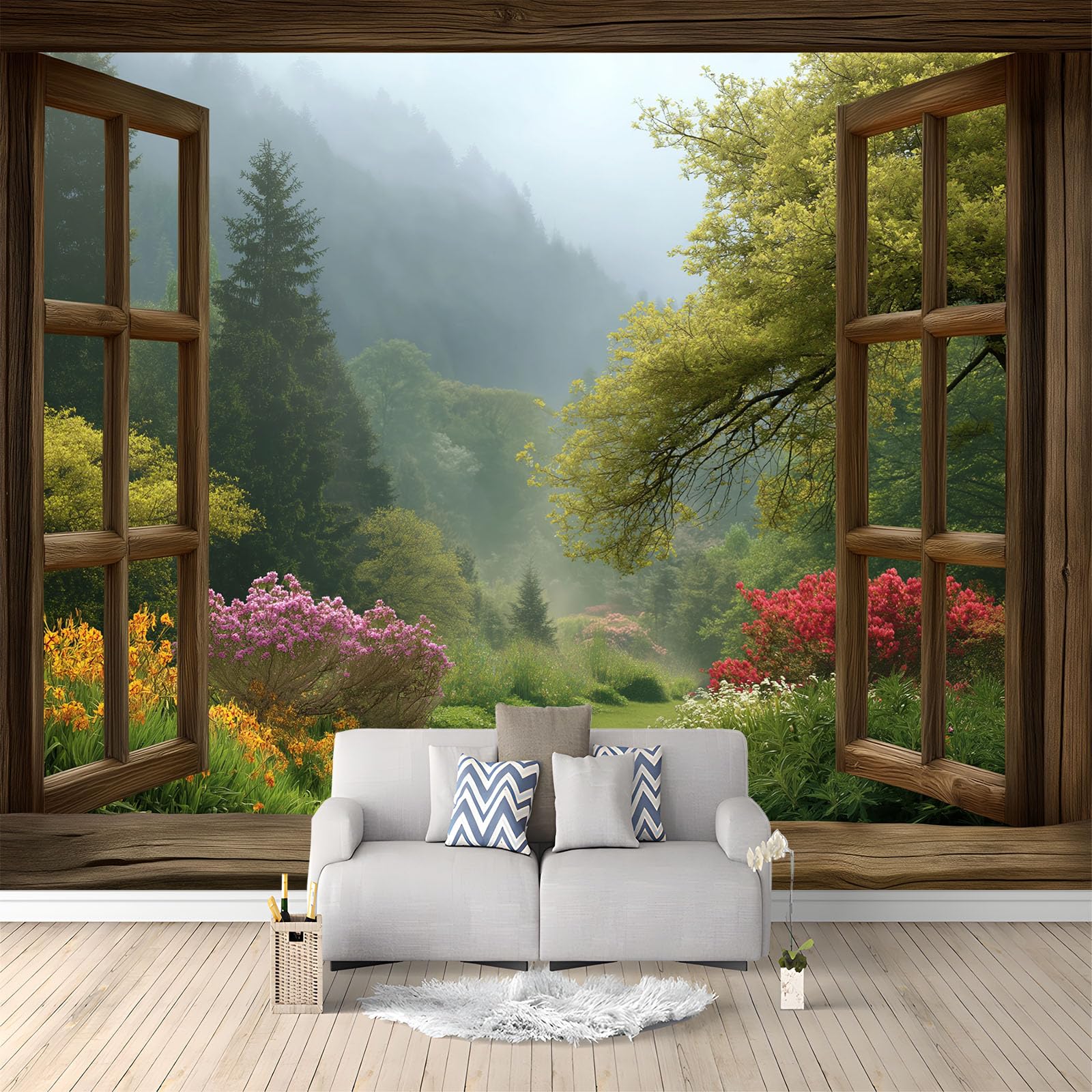 Générique 200 x 140 cm Carta da parati murale Panoramica Verde Carta da parati fotografica non tessuta - Rivestimento murale decorazione soggiorno per camera da letto - Effetto 3D - Finestre paesaggio