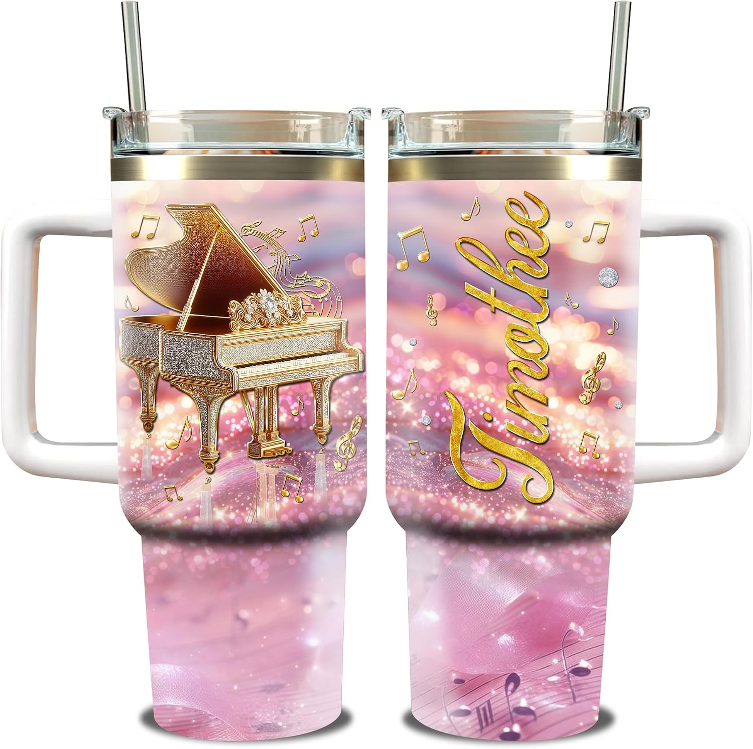 WAZONE Personalized Piano Tumbler With Name Tumbler 40oz with Handle and Straw Stainless Steel Double Wall Vacuum Customized Christmas Birthday Gifts for Music Lovers Teachers Pianist