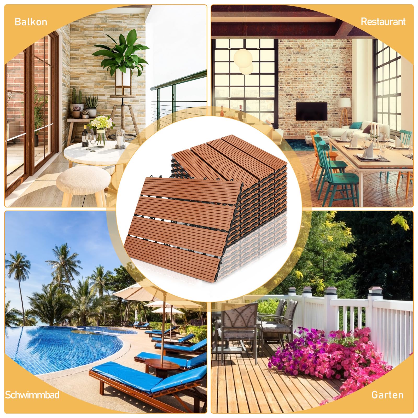 WPC Terrassenfliesen, Klickfliesen Terrasse und Balkonfliesen in 30x30 cm Braun. Terrassendielen mit Drainage, 11 Stück (1 m²) als wetterfester Bodenbelag.