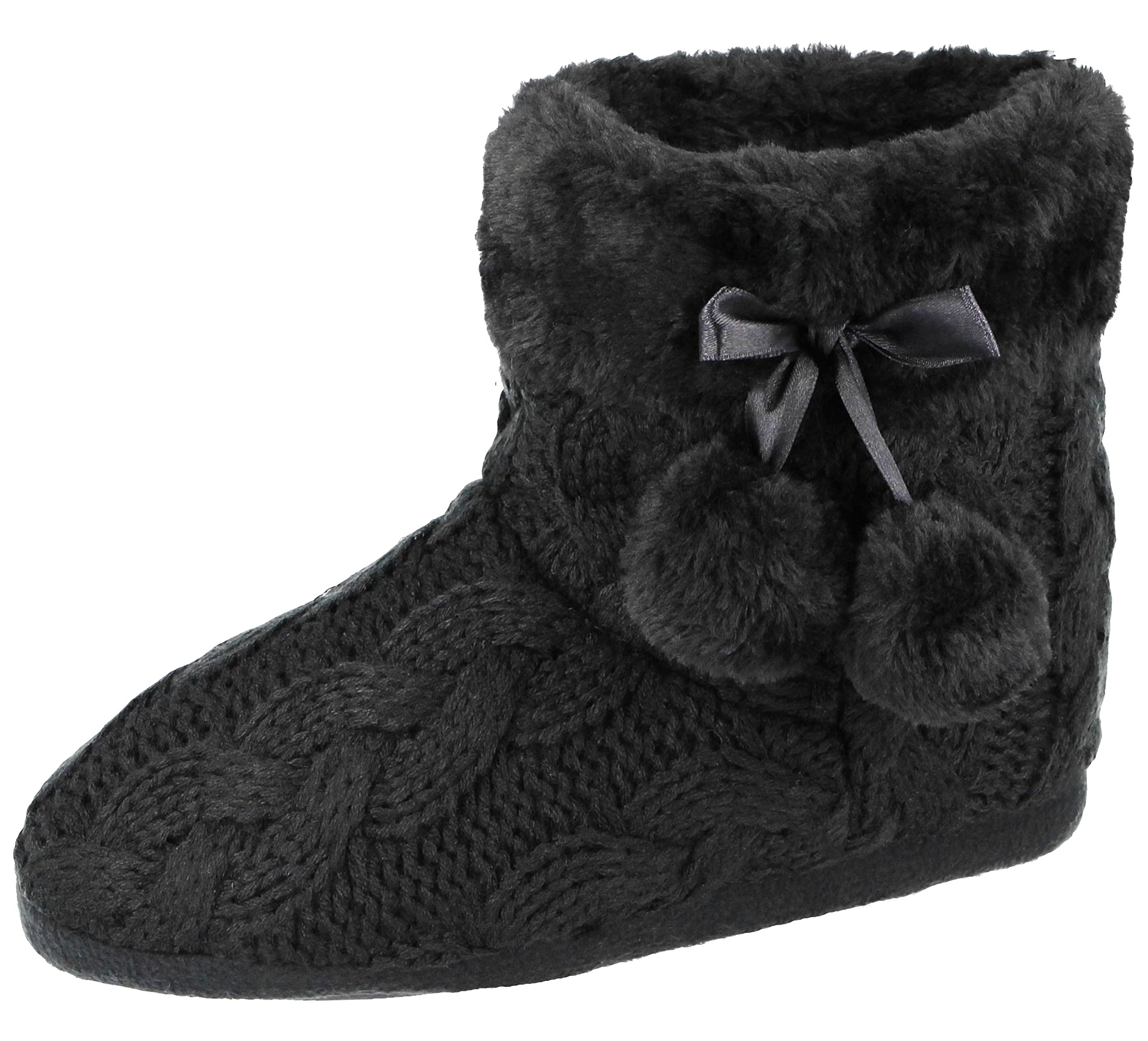 Yinka ShoesLadies Cable Knit Pom Pom Slipper Boots