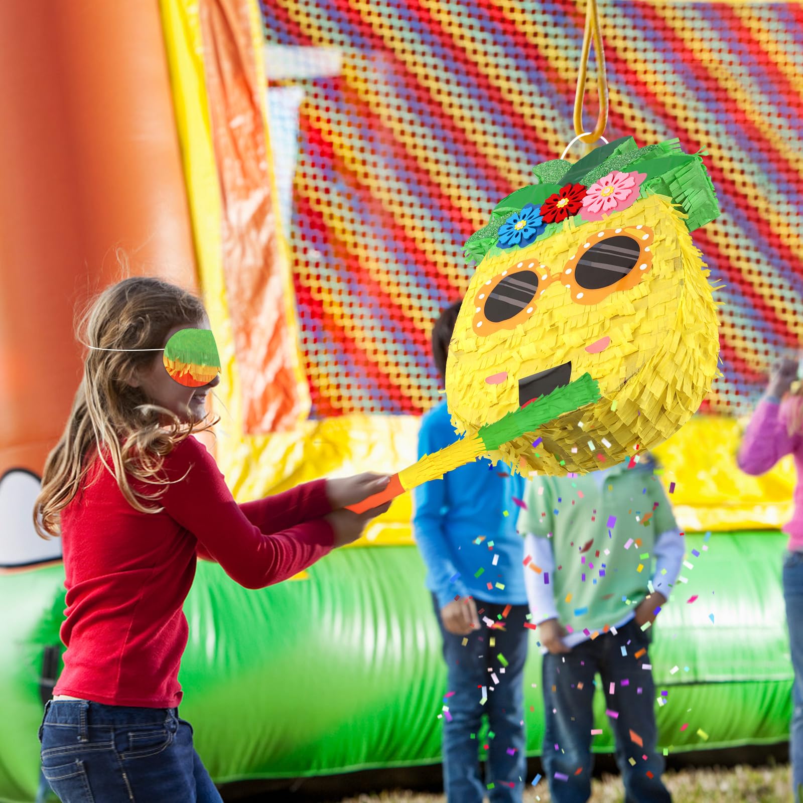 Piñata de piñata de verano con palo y venda para los ojos, piñatas grandes y divertidas, decoraciones de fiesta de frutas, juegos de piña para fiestas hawaianas tropicales luau, suministros
