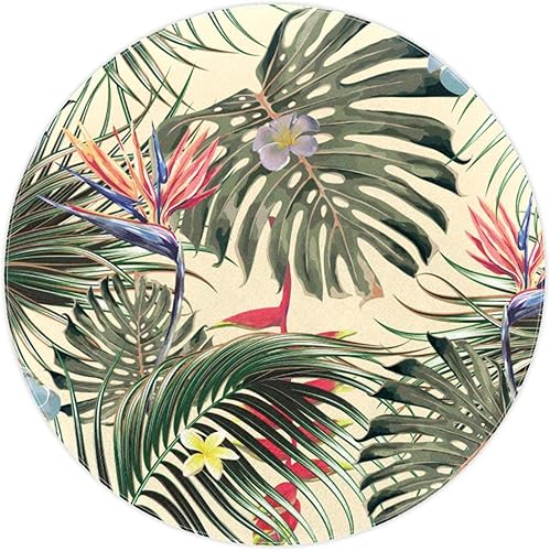 Mantel redondo de vinilo redondo de 60 pulgadas con diseño de palmeras tropicales vintage, mantel de vinilo impermeable con reverso de franela,