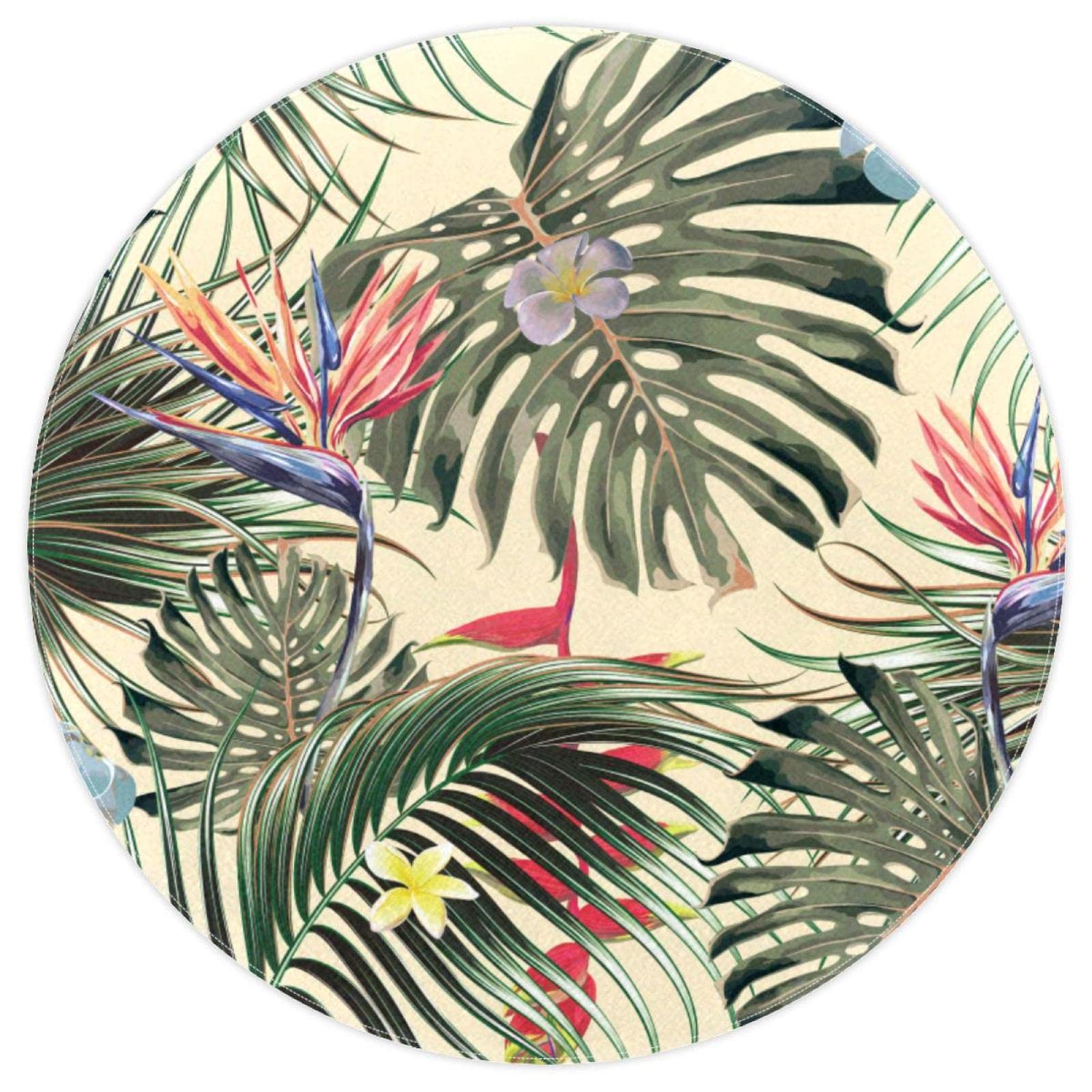 Vintage Tropical Palm Floral Plant Vinyl Round 60In Table Cover Waterproof Vinyl Tablecloth with Flannel Backing, Round Tablecloth