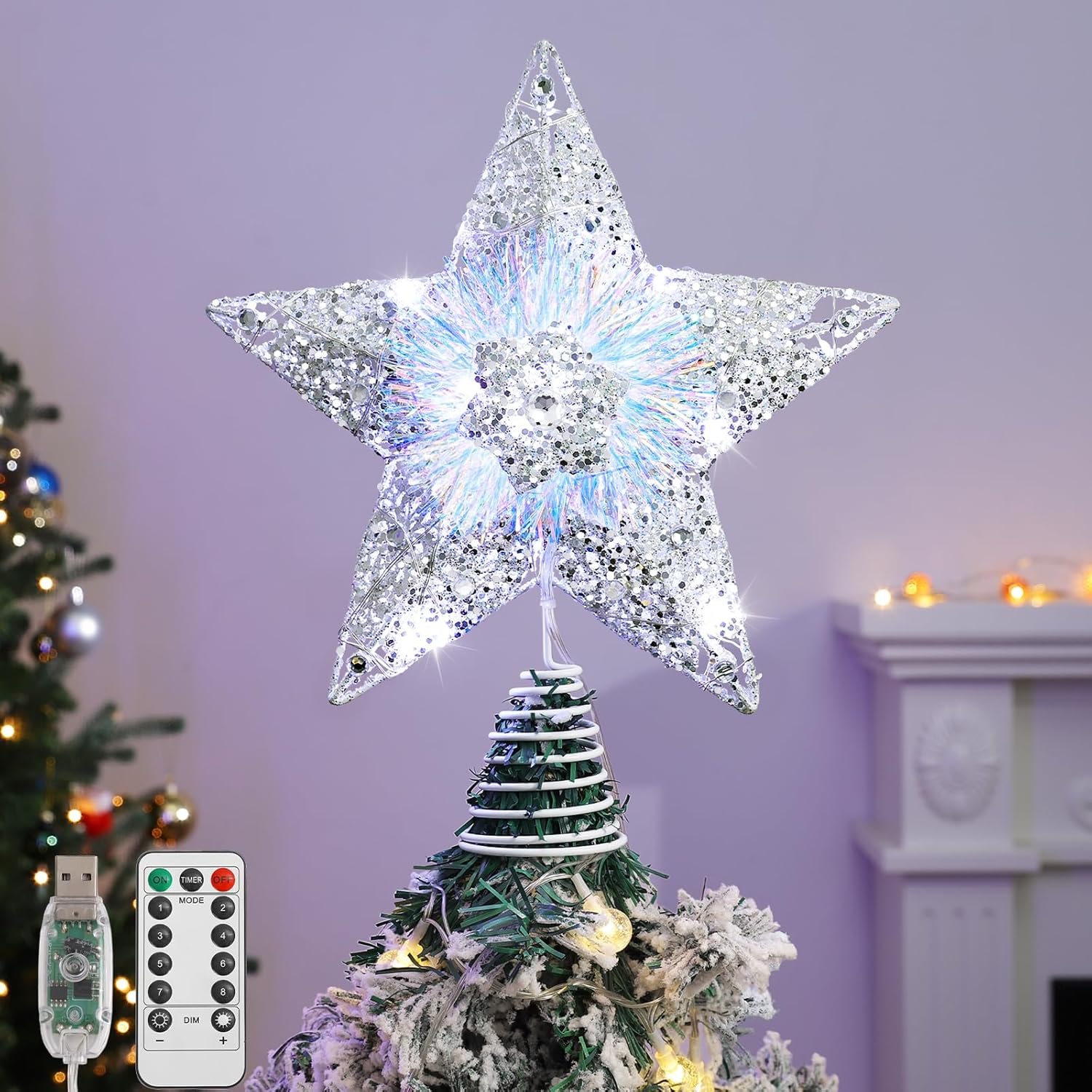 Lewondr Christmas Tree Topper, 3D Glitter Star Tree Topper with 30 LEDs & Remote Control, 8 Lighting Modes, Auto Timer, USB Powered, Christmas Tree Decoration for Home Party, Silver