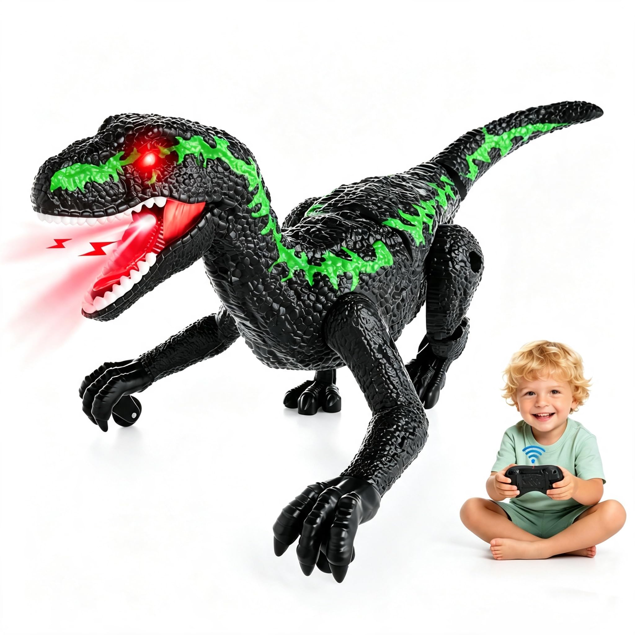 Dinosauro radiocomandato verde, regalo di compleanno per bambini 3-12 anni. Modello robot realistico con cammino, ruggiti ed effetti luce LED