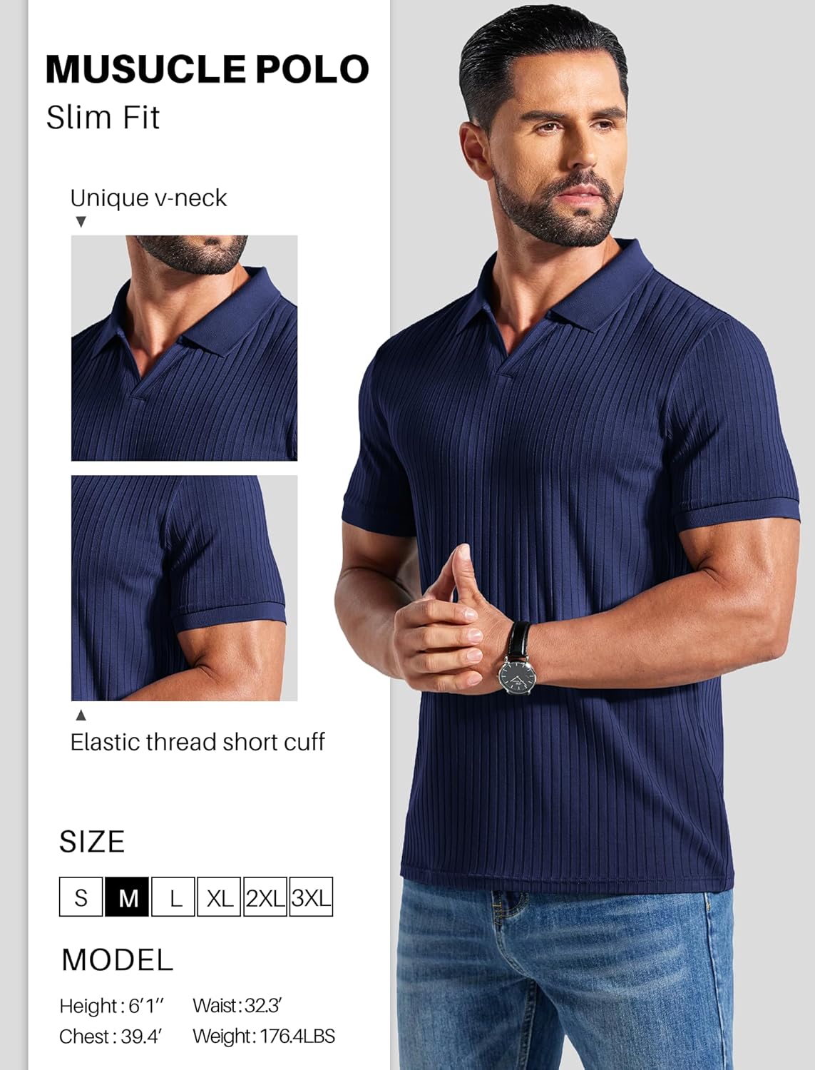 COOFANDY Men's Ribbed Polo Shirts Short Sleeve V Neck Slim Fit Polo T-Shirt Casual Summer Collared Golf Shirt - Image 4