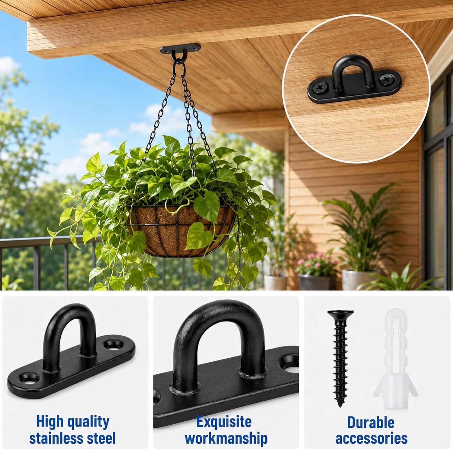 Apausvcm 4 Pack Heavy Duty Ceiling Hooks, Stainless Steel Hammock Ceiling Hooks Pad Metal Eye Plate with Enclosed Hook for Hanging Marine Hardware Staple Hook Loop with Screws for Wall/Ceiling Mount